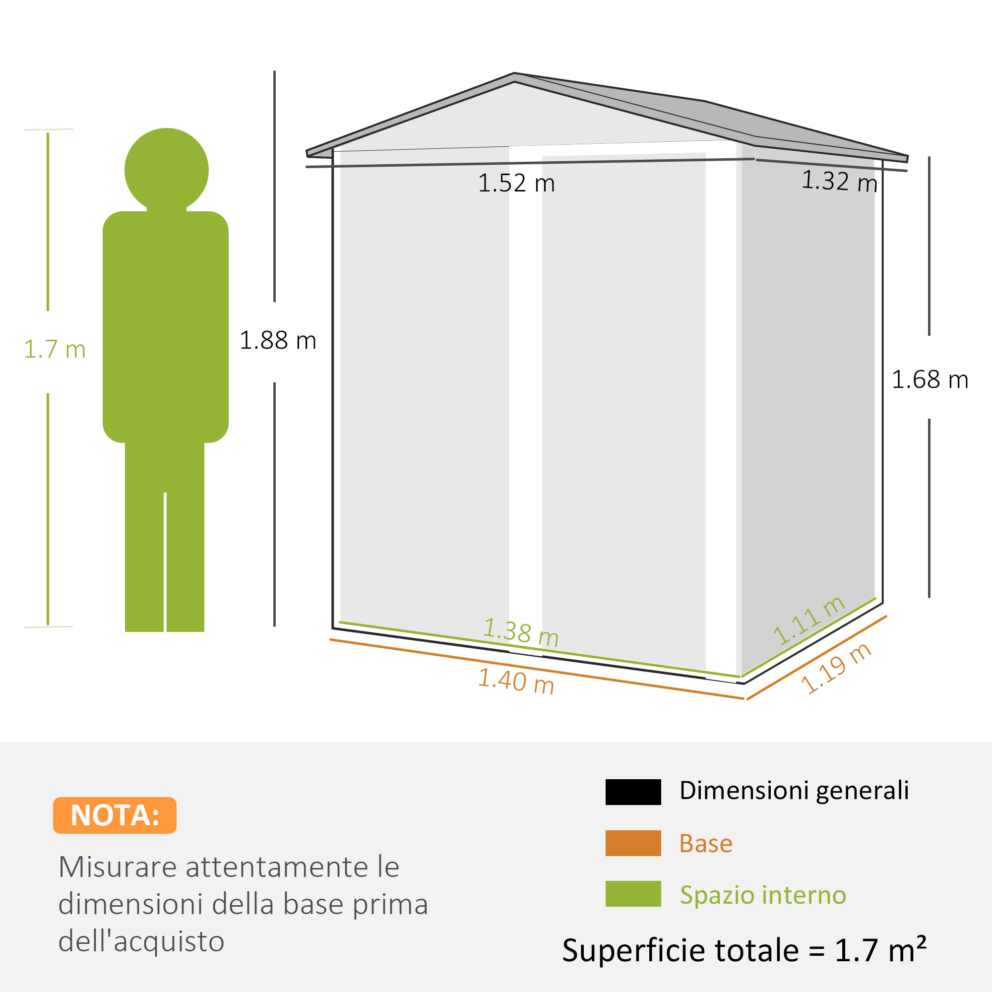 Diagramma di una struttura con dimensioni, sagoma di persona ed etichette in italiano.