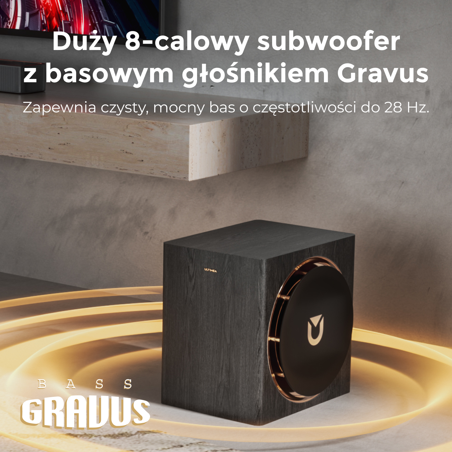 Czarny subwoofer ze złotym pierścieniem wokół głośnika. Tekst: 8-calowy subwoofer, Gravus, bas.