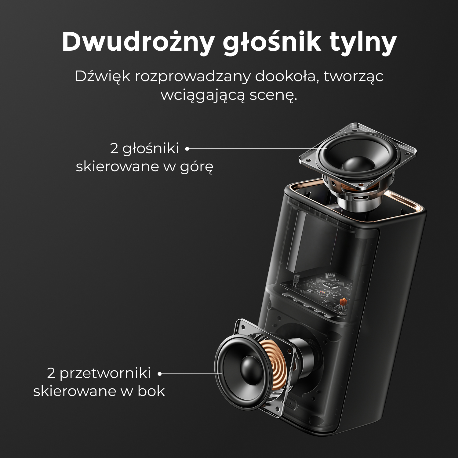 Schemat czarnego głośnika z dwoma głośnikami skierowanymi w górę i dwoma przetwornikami bocznymi.