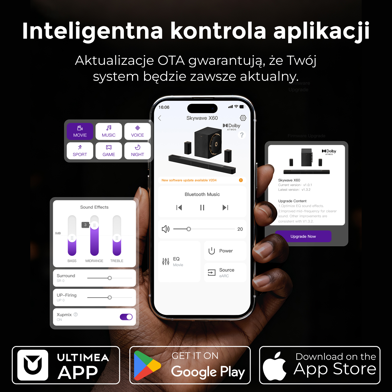 Telefon wyświetlający interfejs systemu dźwiękowego jest trzymany przez osobę. Opcje obejmują film, muzykę, głos i pobieranie aplikacji.