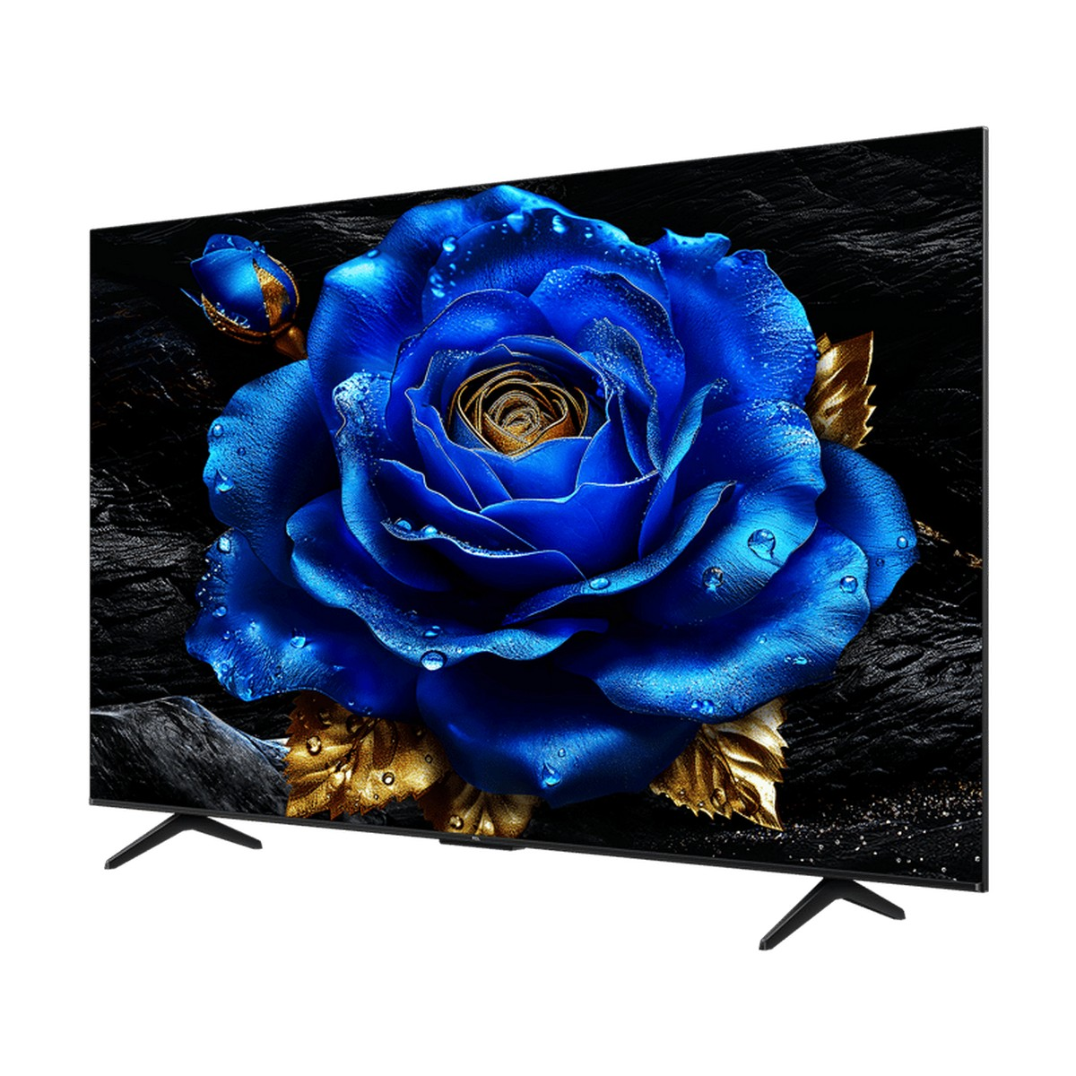 Bir TV ekranı, dokulu siyah bir arka plan üzerinde altın vurgular ve su damlacıkları ile canlı mavi bir gül sergiliyor.