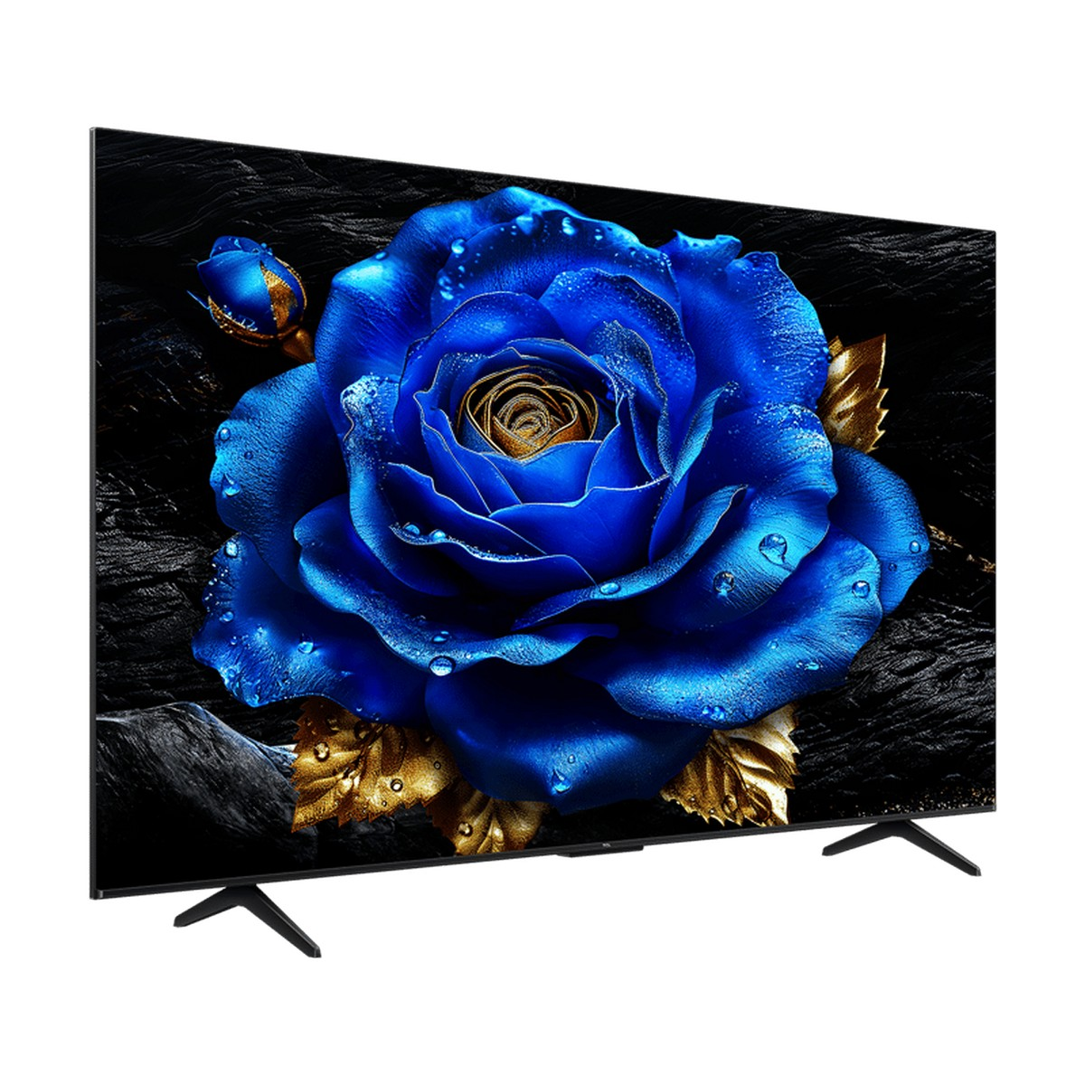 Siyah dokulu bir arka plan üzerinde mavi gül, altın yapraklar ve su damlacıkları olan bir TV ekranı. İki siyah ayak destekliyor.