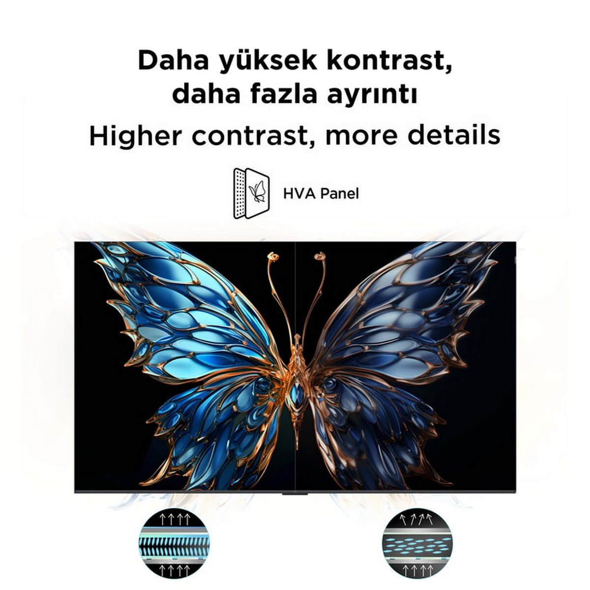 Siyah zemin üzerinde mavi ve altın kelebek illüstrasyonu, kontrast ve detaylar hakkında metin ve HVA paneli.