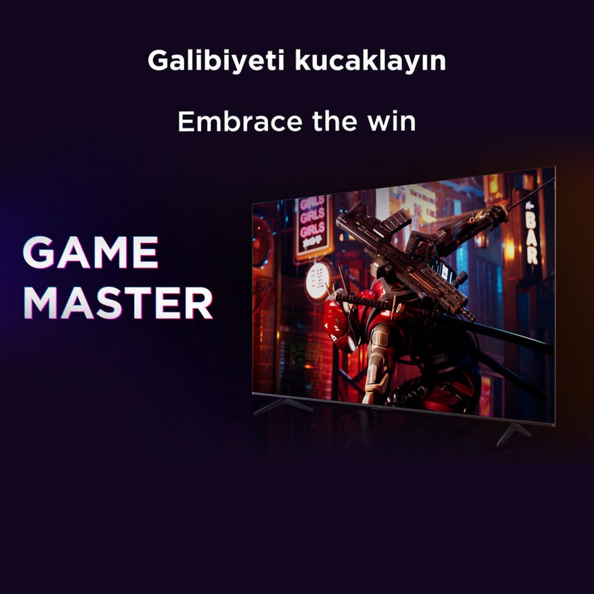 Bir TV, silah tutan kırmızı bir robotla fütüristik bir sahne gösteriyor. Metin 'Game Master' ve 'Embrace the win' yazıyor.