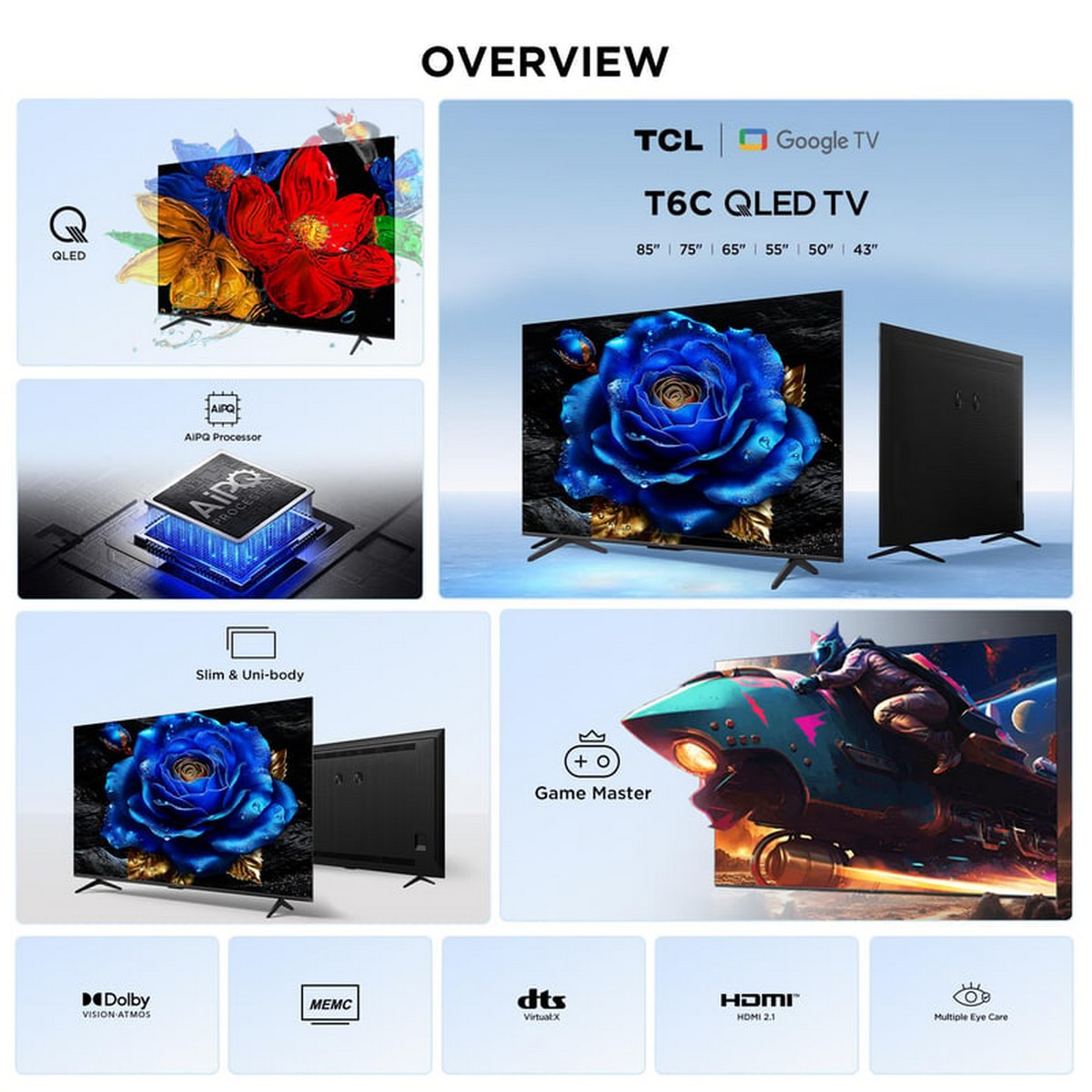TCL T6C QLED TV'ye genel bakış. Ürünün özelliklerini ve TV'nin resimlerini içerir. QLED, AIPQ işlemci, Dolby Vision, MEMC, DTS ve HDMI 2.1 özelliklerine sahiptir.