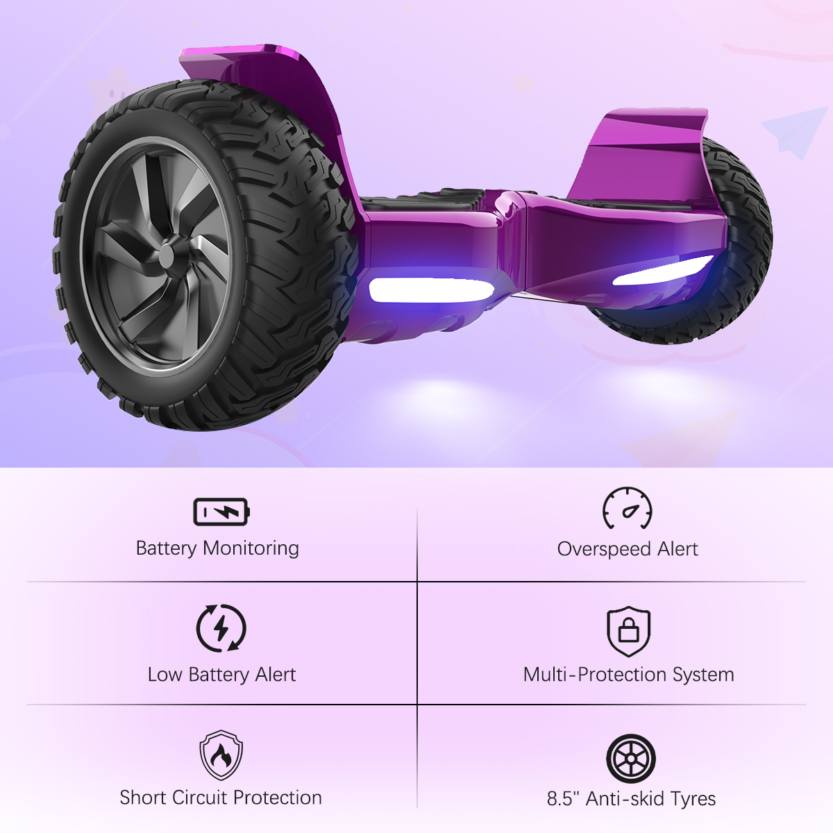 Een paars hoverboard met zwarte banden wordt getoond. Kenmerken zijn batterijbewaking, oversnelsnelheidswaarschuwing en antislipbanden.