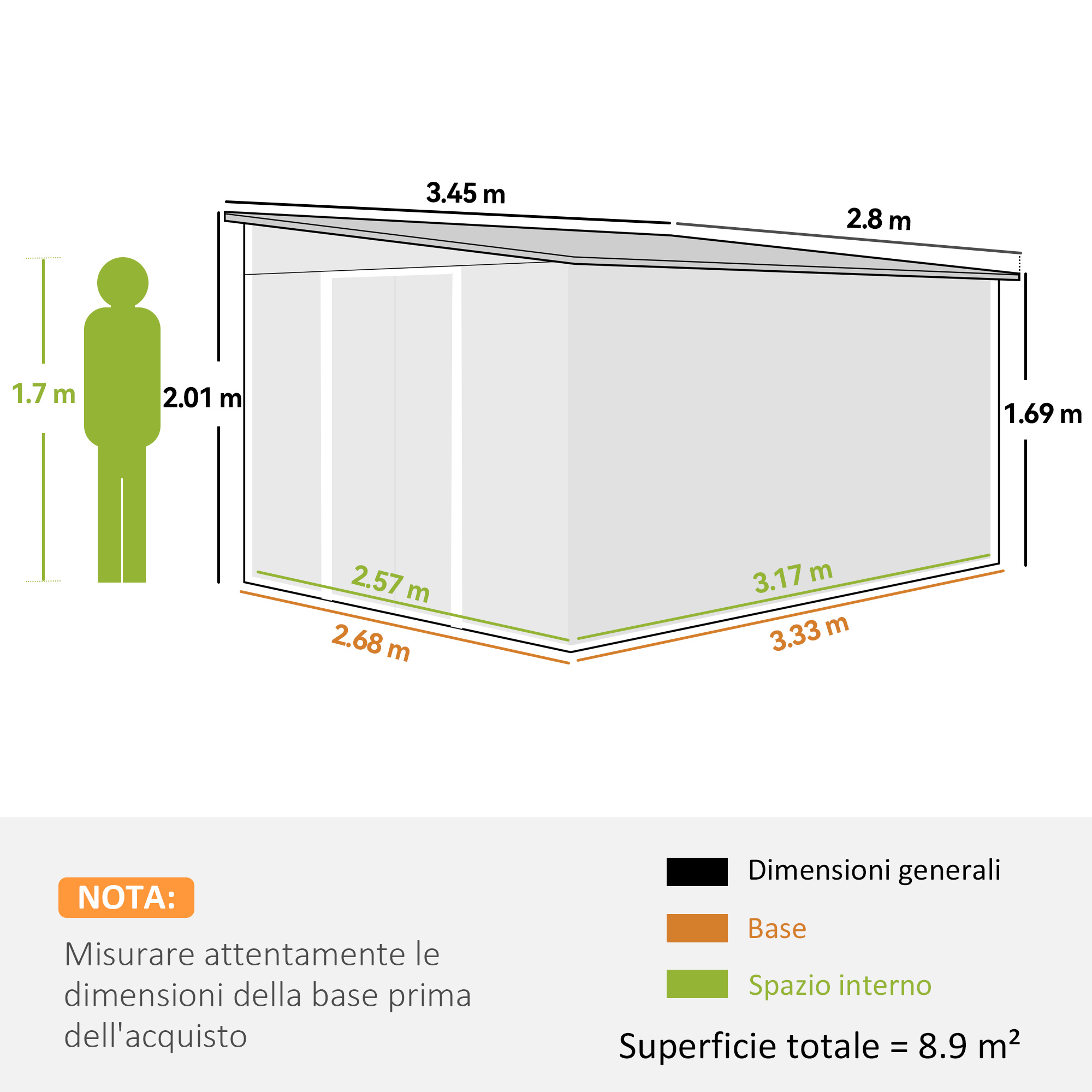 Diagramma di un capannone con dimensioni in metri. Include base, spazio interno e superficie totale.