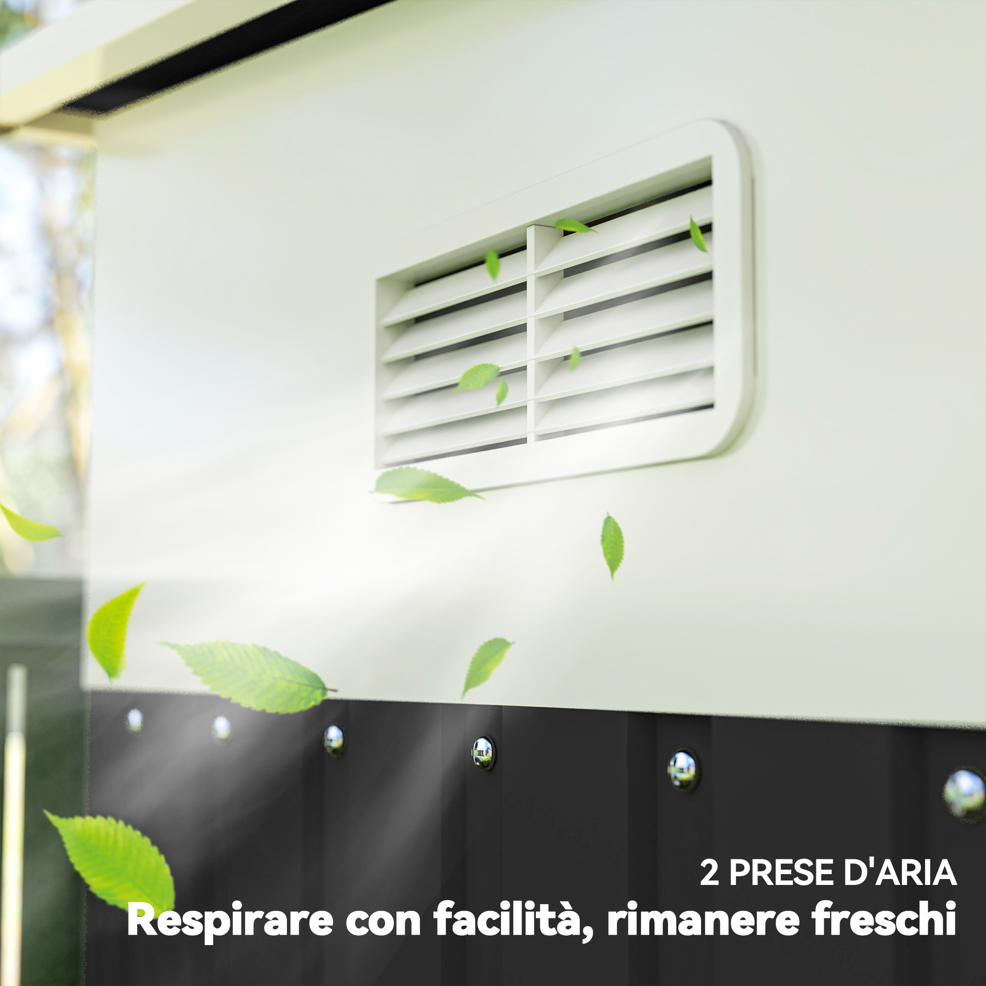 Ventilazione bianca con foglie verdi che soffiano. Sfondo bianco e nero. Testo: Respira facilmente, resta fresco.