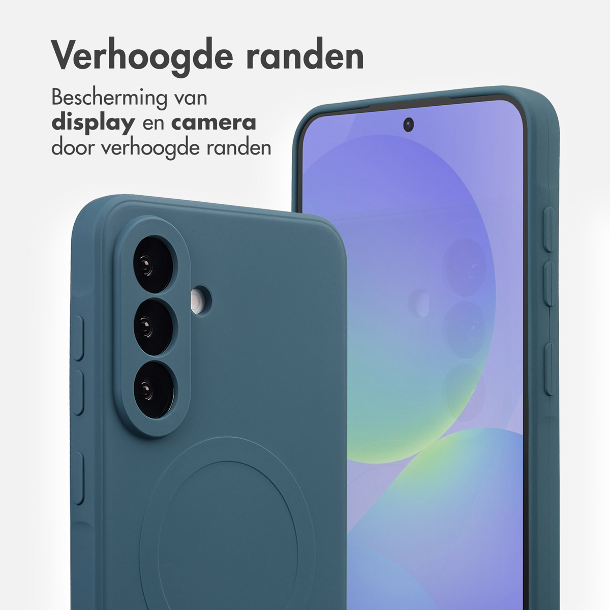 Deux coques de téléphone bleu-vert. Une avec des caméras, l'autre montrant l'écran. Texte : 'Bords surélevés' et 'Protection de l'écran'.