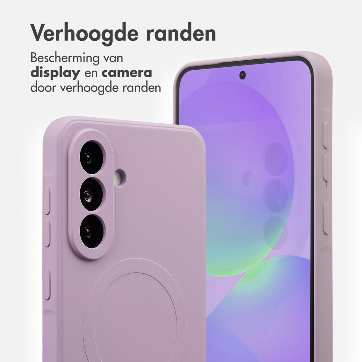 Twee lila smartphones in beschermhoezen. Het scherm van de voorste telefoon toont een lavendel achtergrond. Nederlandse tekst.