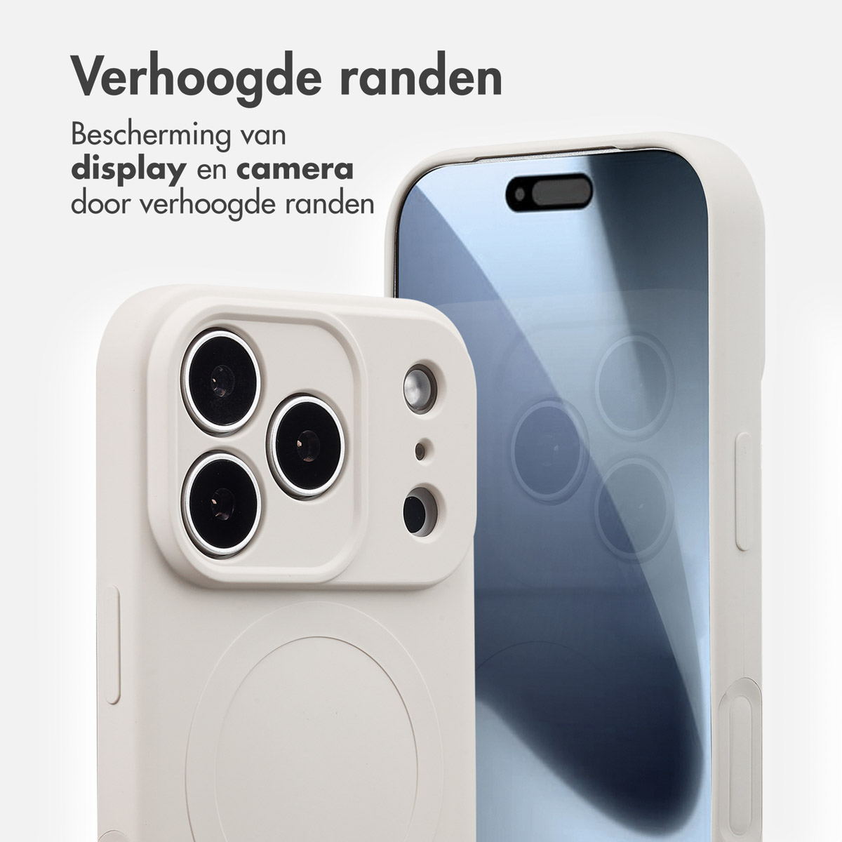 Deux coques de téléphone, une avec des caméras, l'autre montrant l'écran. Les deux sont blanches, avec des bords surélevés.