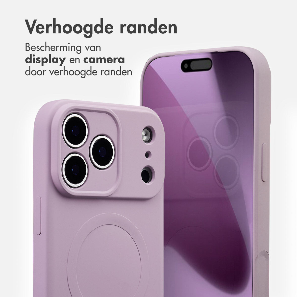Twee lavendelkleurige telefoonhoesjes. Eén toont de camera-uitsparingen. De andere toont het scherm. Tekst zegt 'Verhoogde randen' en 'bescherming'.