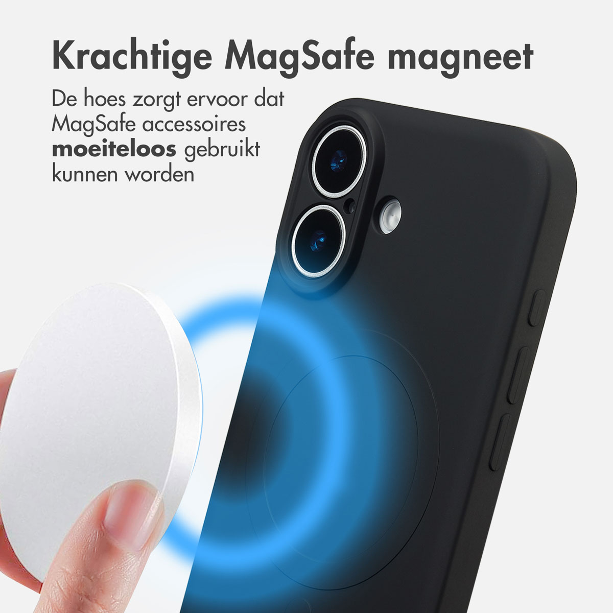 Une coque de téléphone noire avec un accessoire MagSafe circulaire blanc. Des lignes d'énergie bleues émanent du téléphone. Texte : Krachtige MagSafe magneet.