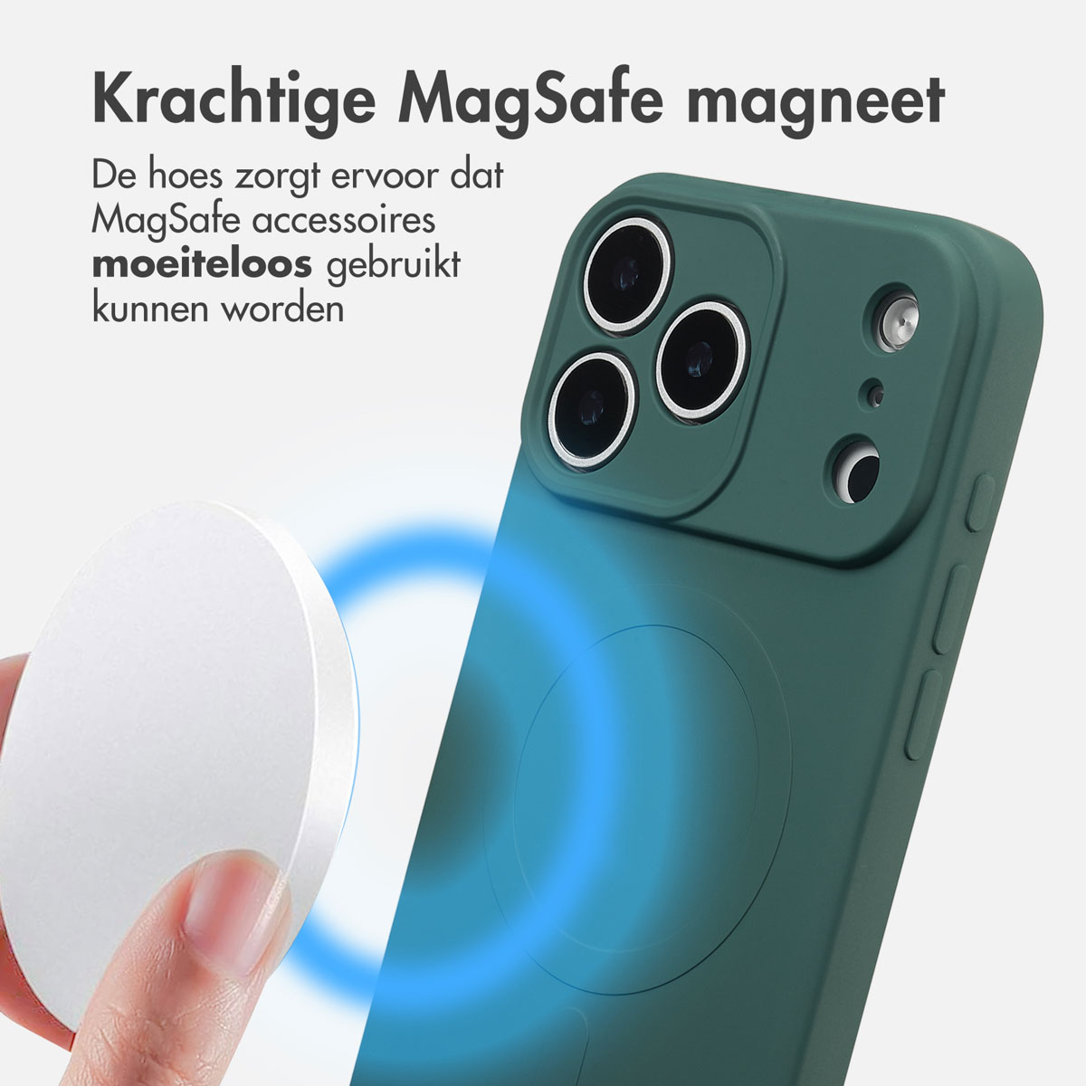 Een telefoonhoesje wordt getoond met een witte magnetische oplader. De hoes is groen en de oplader is wit.