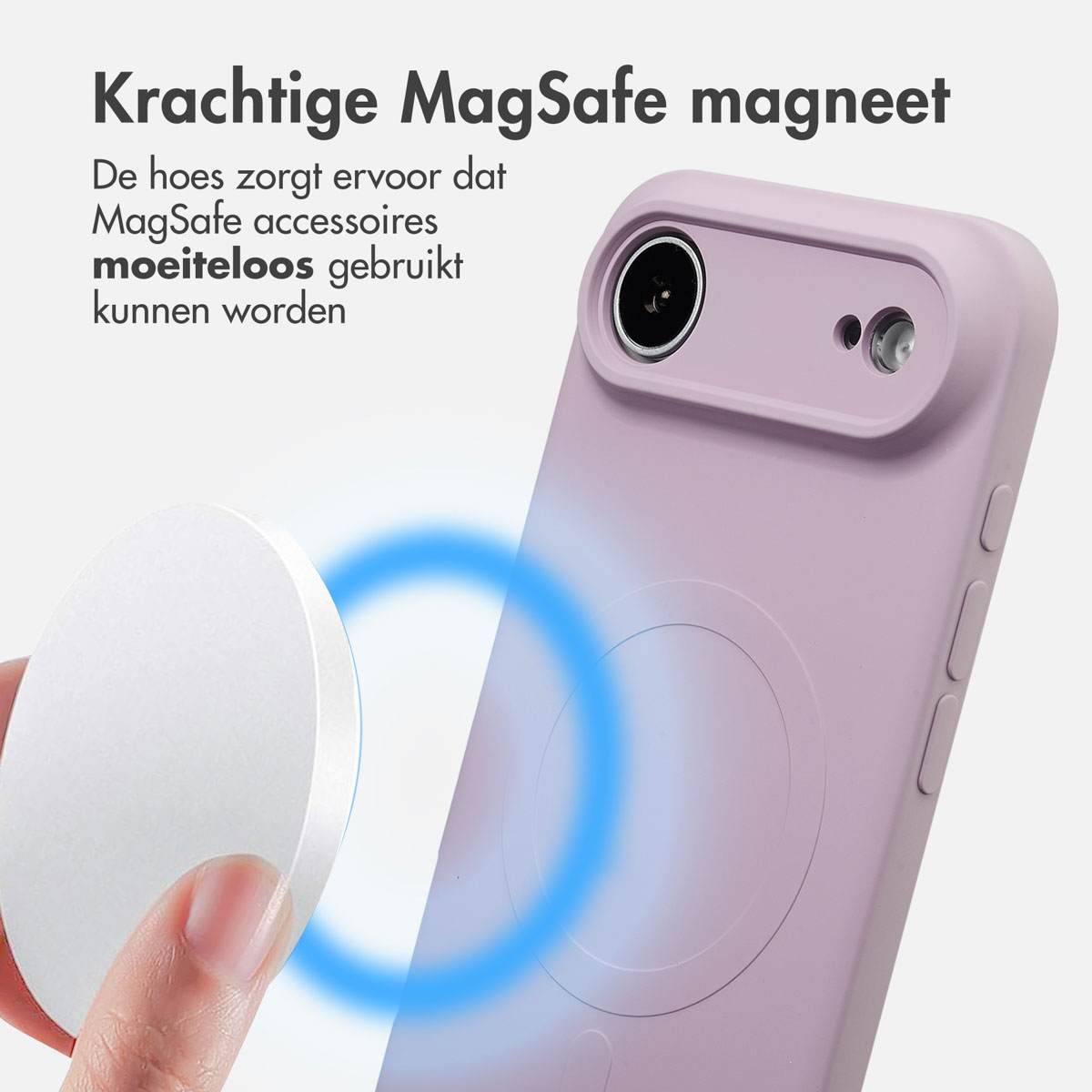 Une coque de téléphone et un accessoire circulaire blanc sont montrés, avec un effet de champ magnétique bleu. Texte : 'Aimant MagSafe'.