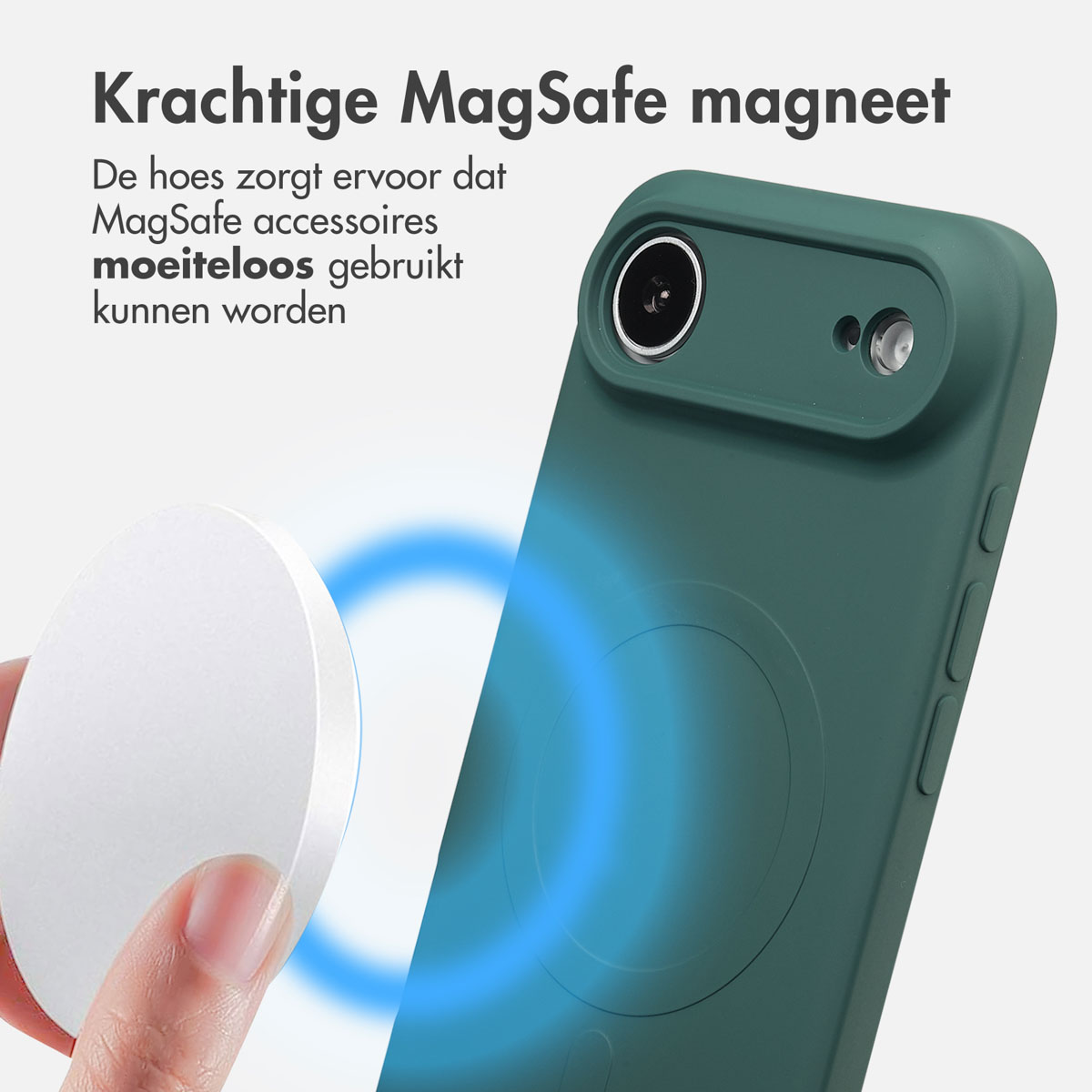 Main tenant un disque blanc près d'un étui de téléphone vert, tous deux avec des lignes bleues. Texte : « Puissant aimant MagSafe » et texte néerlandais.
