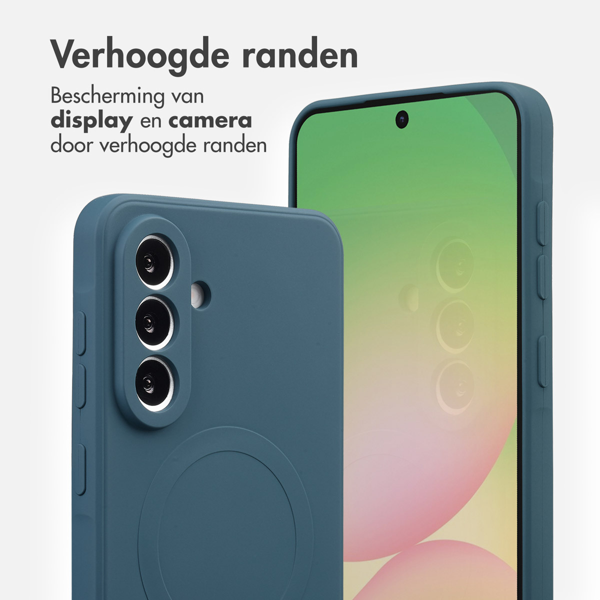 Twee blauwe telefoonhoesjes, één met cameralenzen en één met een telefoonscherm. Tekst in het Nederlands. Witte achtergrond.