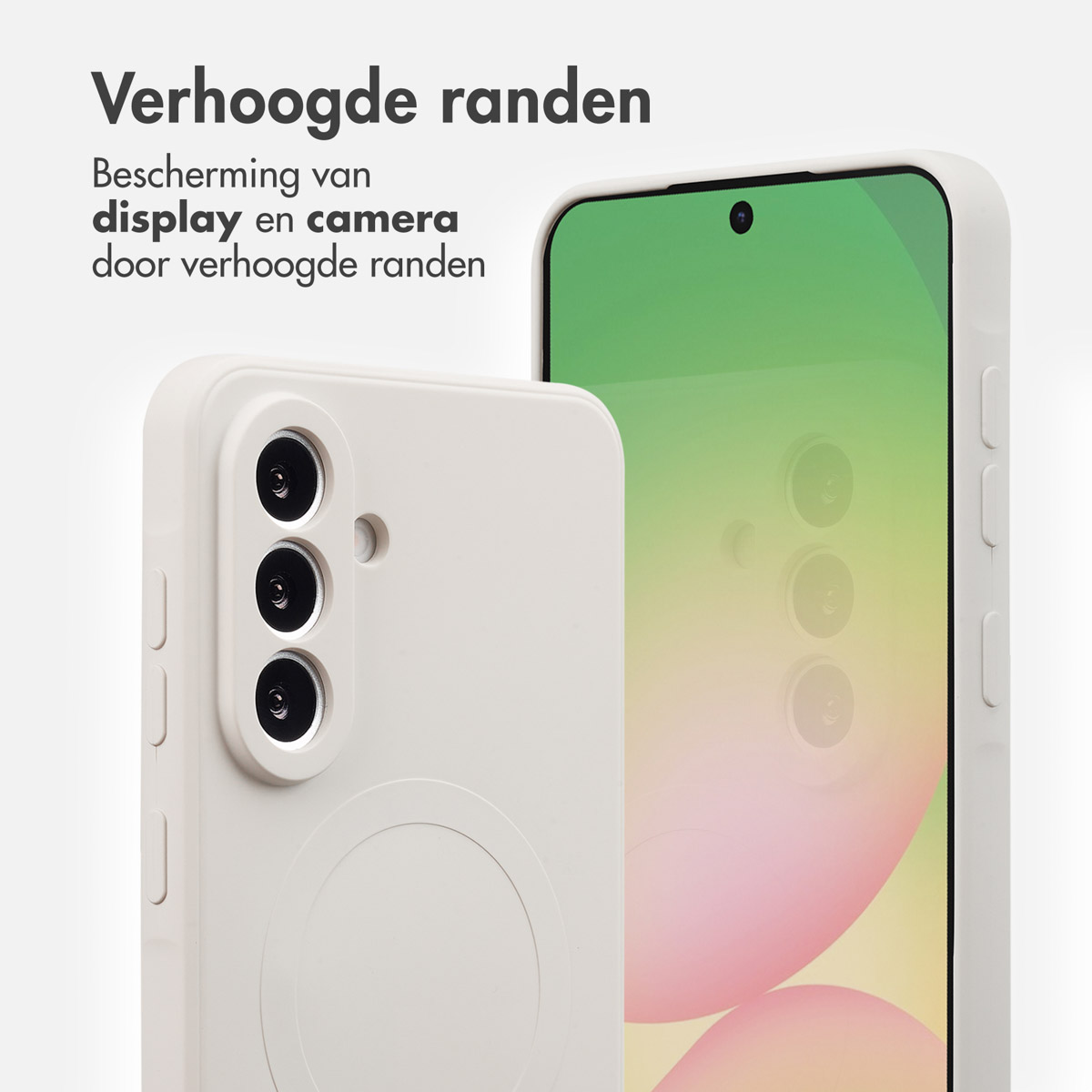 Twee witte telefoonhoesjes. Eén toont de achterkant met camera's, de ander het scherm. Tekst: bescherming van display en camera.