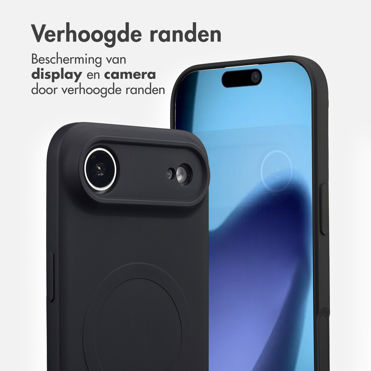 Coque de téléphone noire avec bords surélevés protégeant l'appareil photo et l'écran. Un téléphone est à l'intérieur.