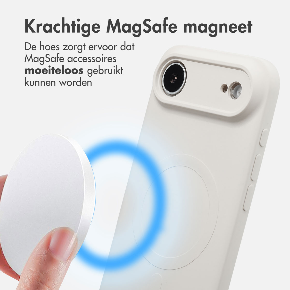 Un étui de téléphone blanc avec un aimant et un accessoire rond blanc. Texte : 'Aimant MagSafe'.