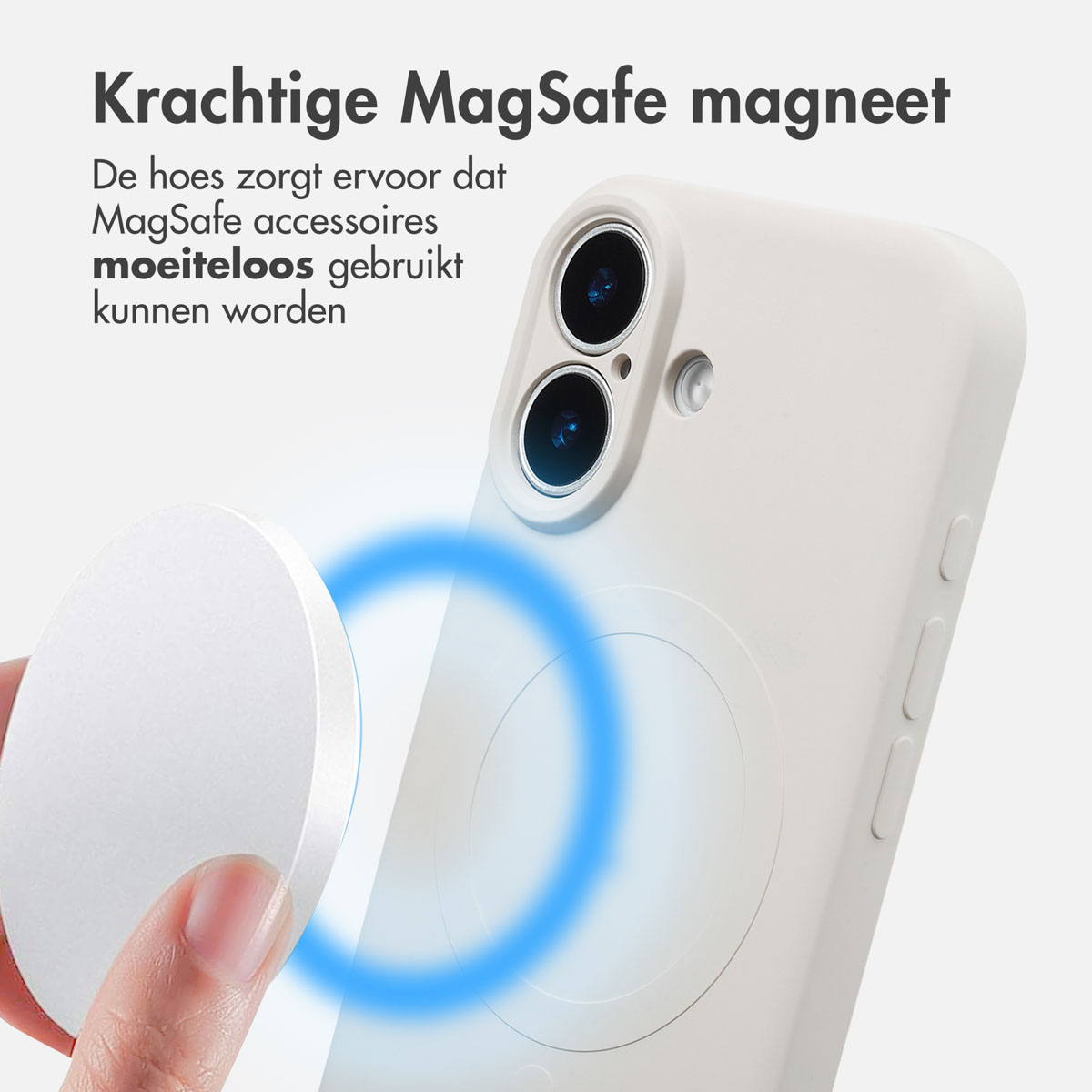 Een witte telefoonhoes met een magnetische cirkel en een witte schijf die wordt bevestigd. Tekst luidt 'MagSafe magneet'.