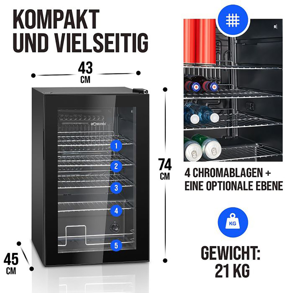Un mini-frigorifero nero con porta a vetro. All'interno ripiani con bevande. Il testo mostra dimensioni e peso.