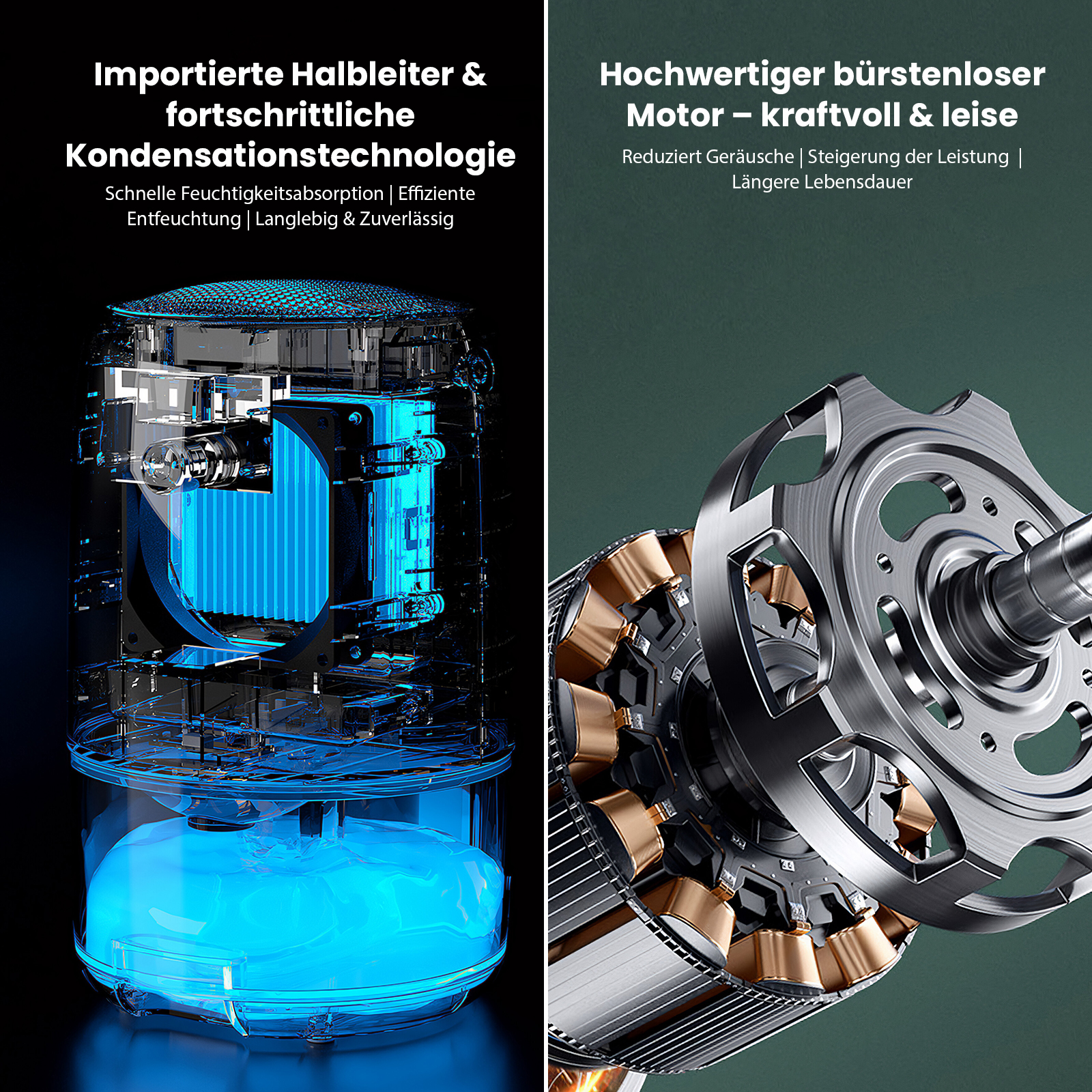 Das Bild zeigt einen Querschnitt eines Geräts mit blauen Lichtern und technischen Diagrammen und eine Nahaufnahme eines Metallmotors.