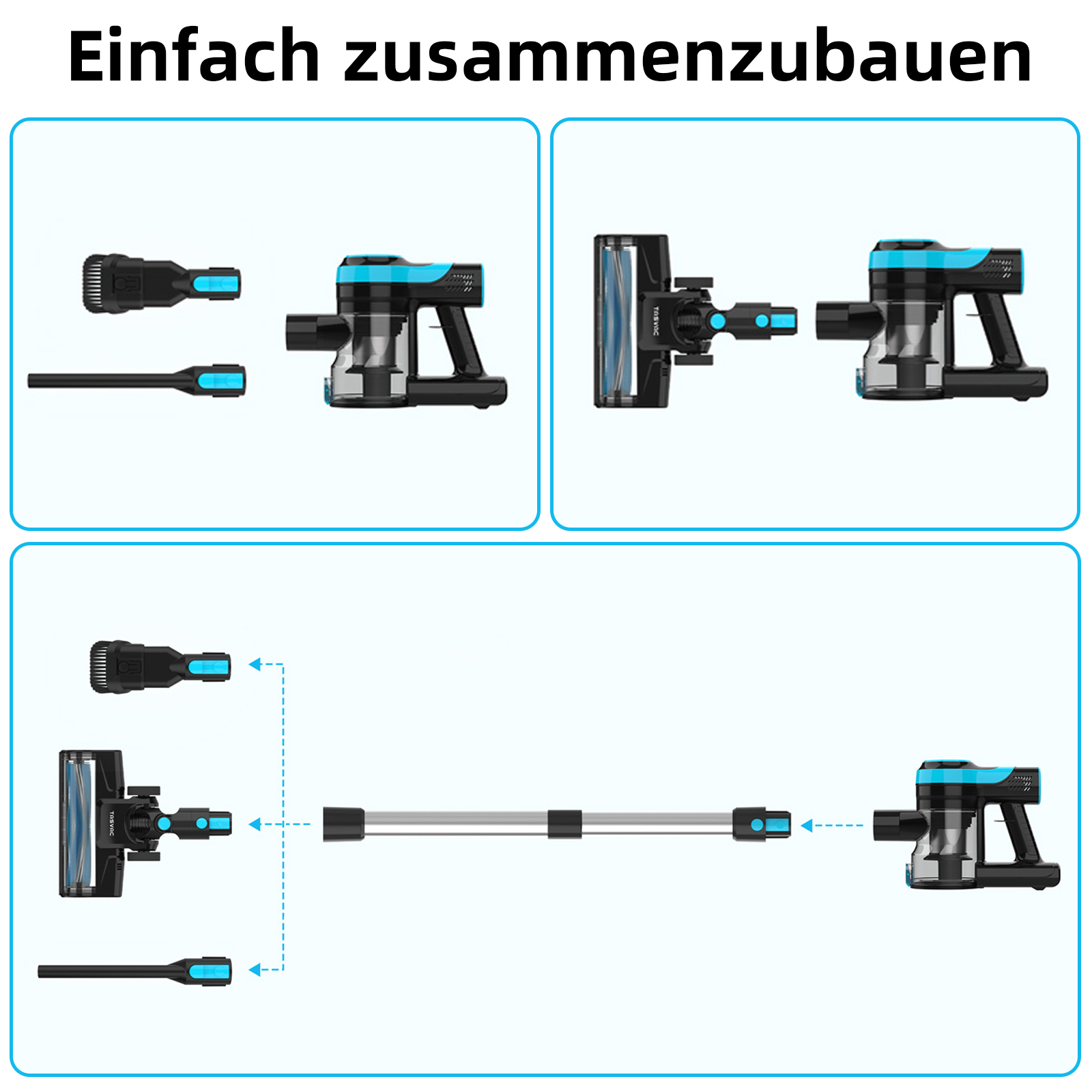 Diagramm zeigt den Zusammenbau eines schwarz-blauen Staubsaugers mit Komponenten und Pfeilen, die den Verbindungsprozess anzeigen.