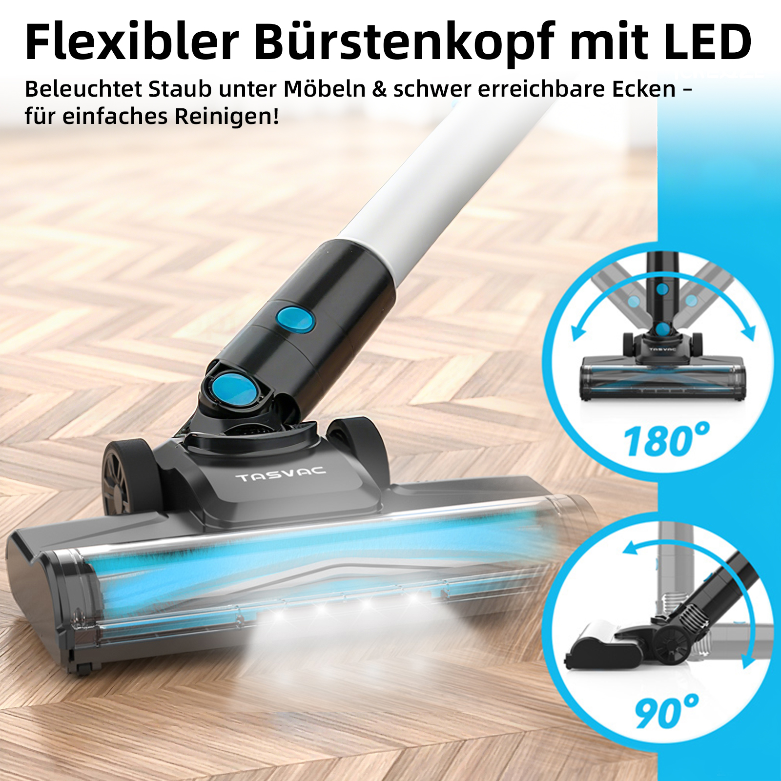 Ein flexibler Staubsaugerkopf mit LED-Leuchten. Er beleuchtet Staub unter Möbeln und schwer zugängliche Ecken.