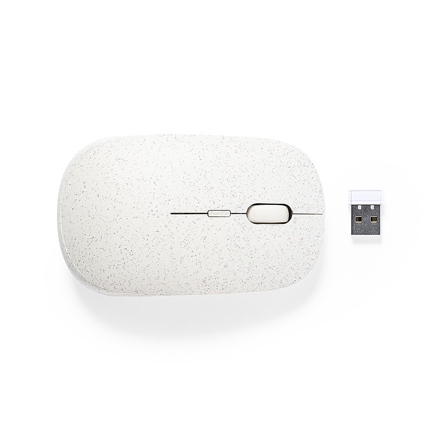 Un ratón de ordenador blanco moteado y un receptor USB sobre un fondo blanco. El ratón tiene una rueda de desplazamiento y un botón.