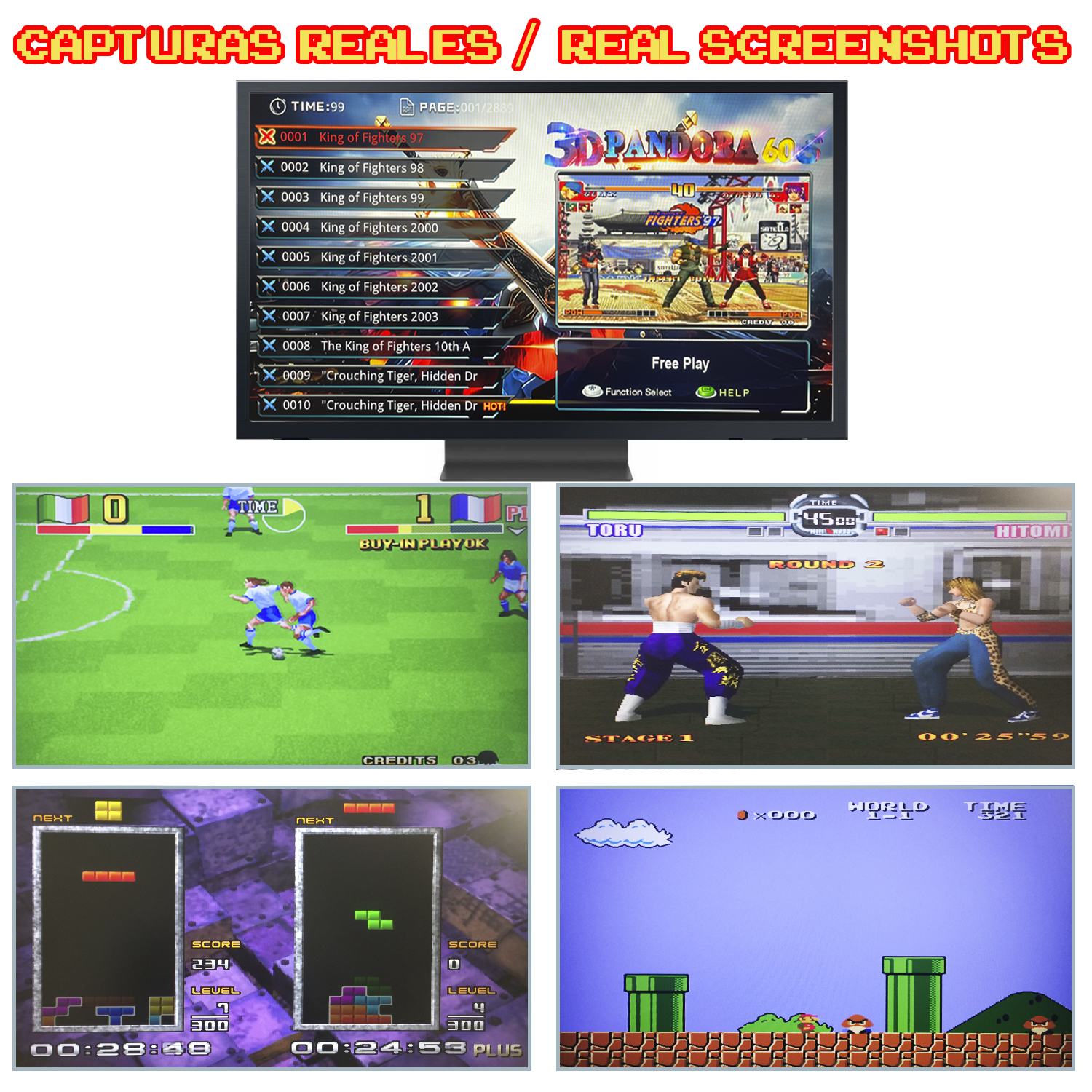 La imagen muestra una serie de capturas de pantalla de diferentes videojuegos, incluyendo juegos de lucha y puzles, y un juego de fútbol.