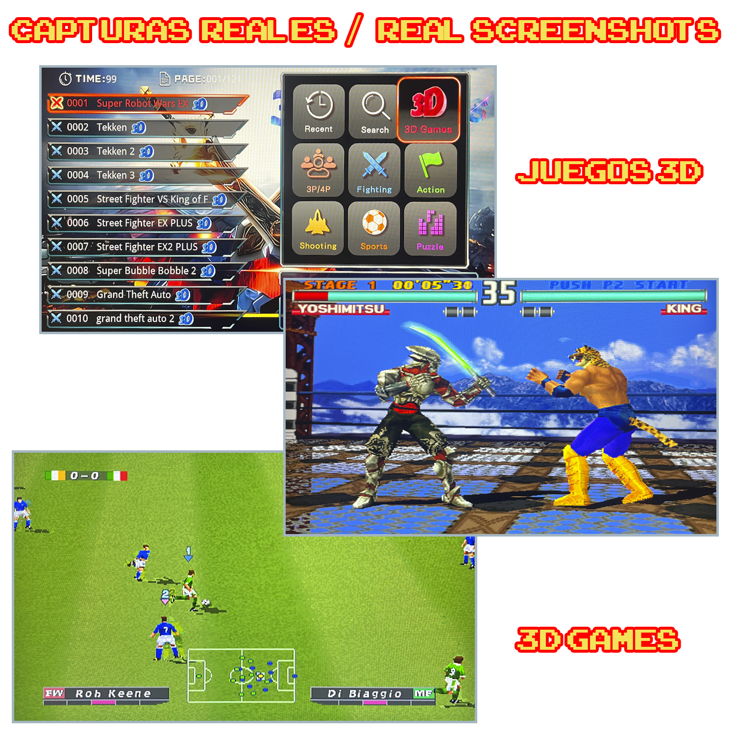 Captura de pantalla de juegos en 3D, incluyendo una lista, personajes de juegos de lucha y un partido de fútbol.