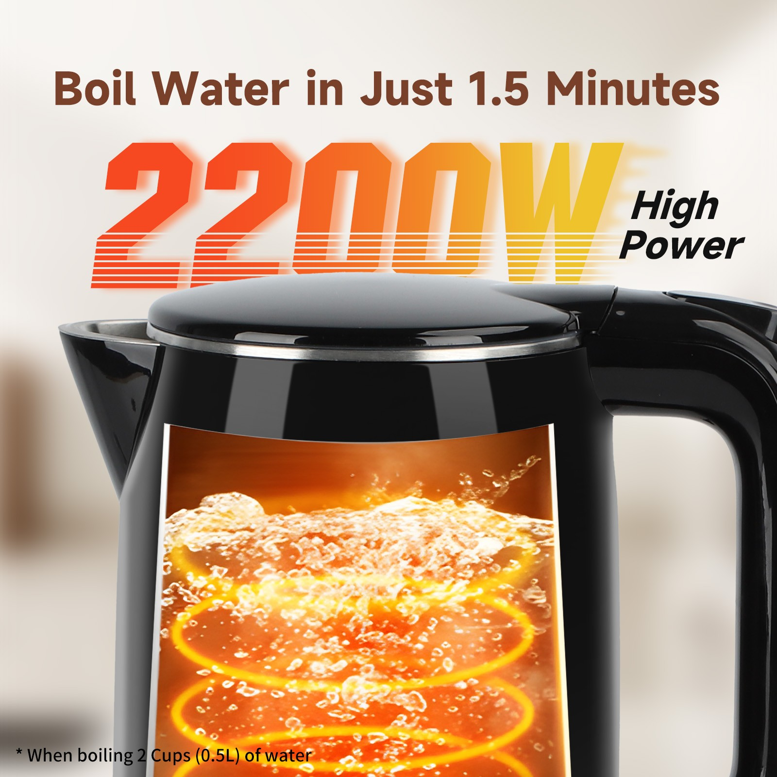 Schwarzer Wasserkocher mit kochendem Wasser, orangefarbenes Leuchten im Inneren. Text: 'Wasser in nur 1,5 Minuten kochen', 2200W.