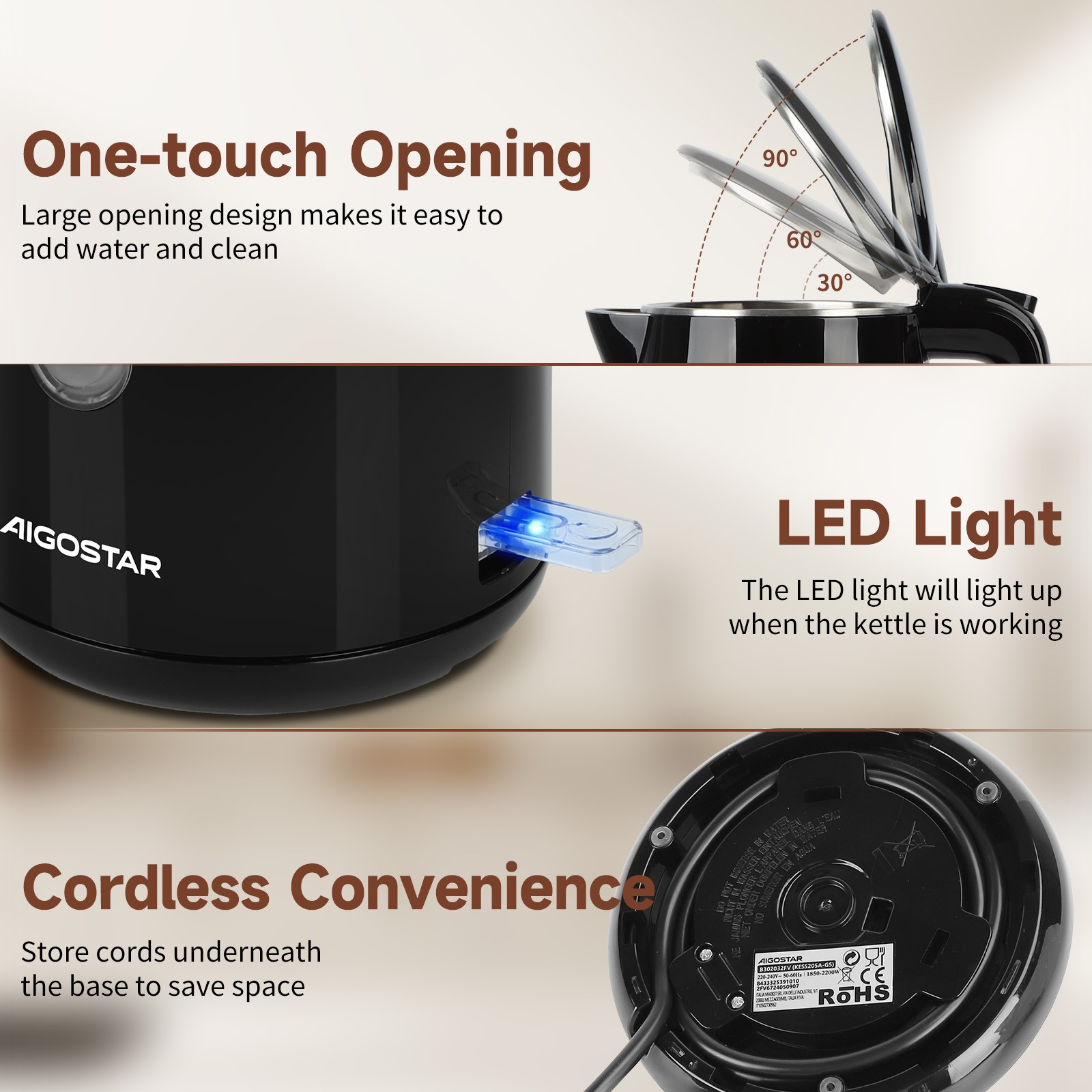 Schwarzer Wasserkocher mit offenem Deckel. Details umfassen One-Touch-Öffnung, LED-Licht und kabellosen Komfort.
