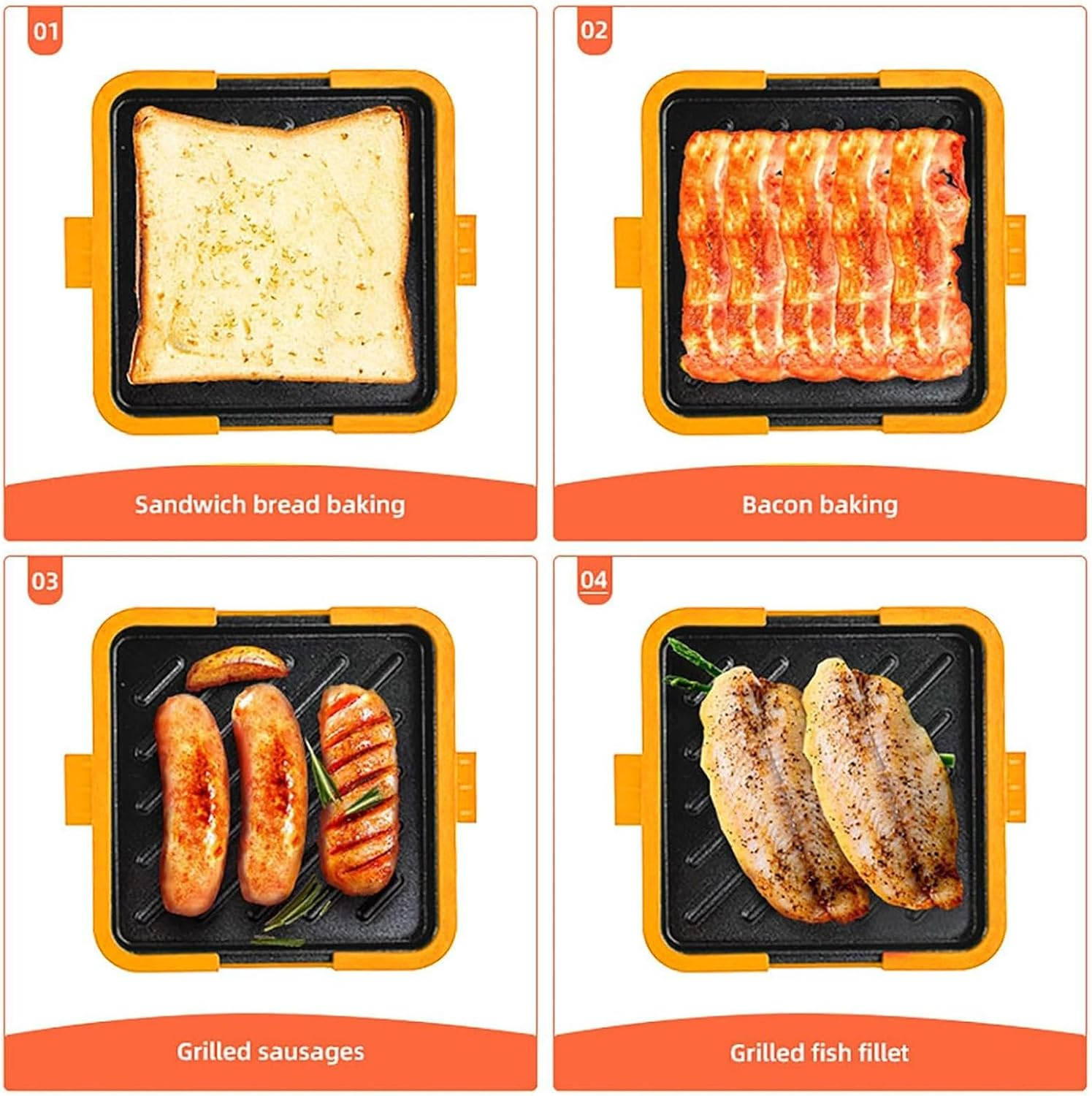 Vier Bilder zeigen das Kochen von Lebensmitteln: Brot, Speck, Würstchen und Fischfilets. Jedes befindet sich in einer schwarzen Pfanne mit orangefarbenem Rahmen.
