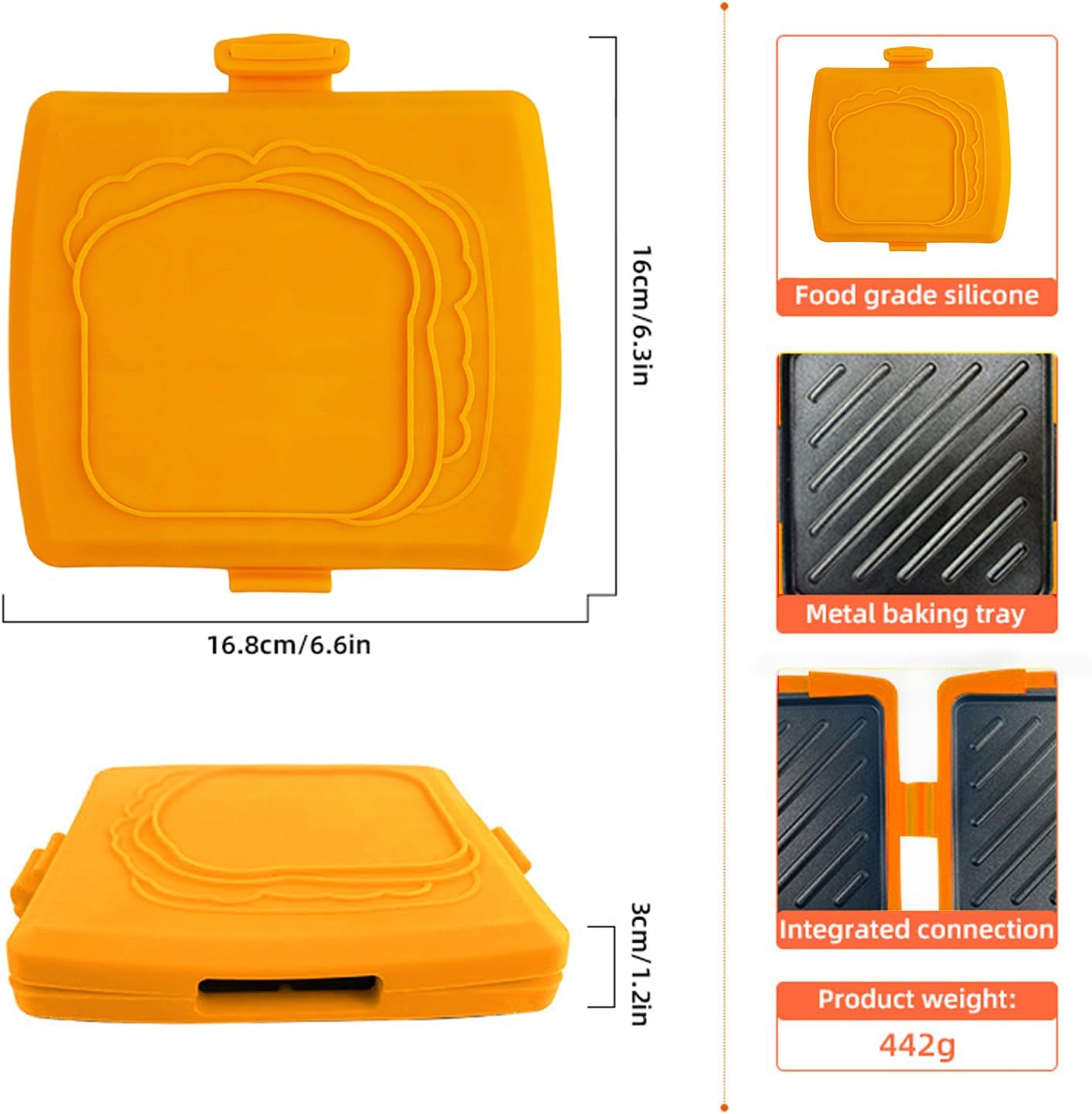 Ein orangefarbener Sandwich-Maker aus Silikon mit Abmessungen. Enthält Details zu lebensmittelechtem Silikon, Metallbackblech und integriertem Anschluss.
