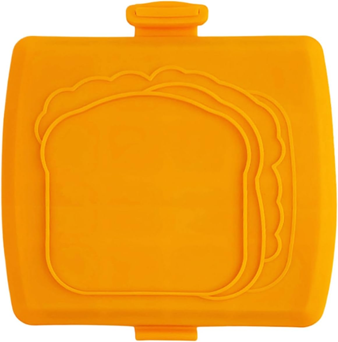 Ein orangefarbener Sandwichbehälter mit einer Sandwichkontur auf dem Deckel. Der Deckel hat einen Riegel und ist rechteckig.