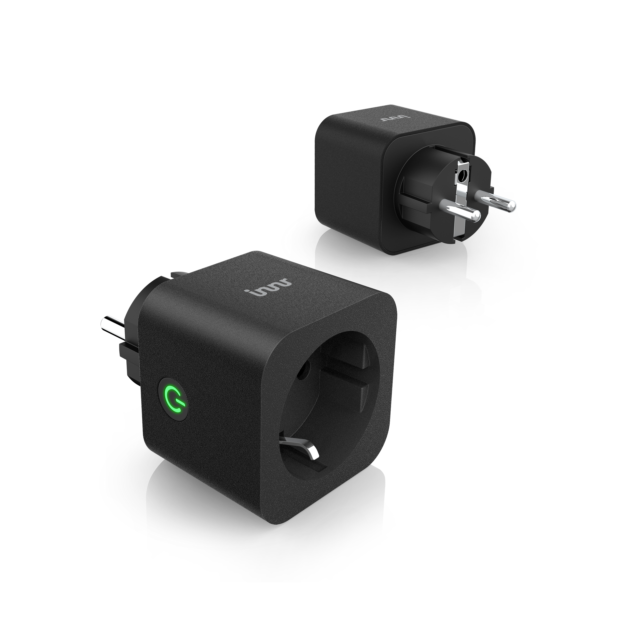 Two black smart plugs on white background. One plug shows a power button, the other is a EU plug.