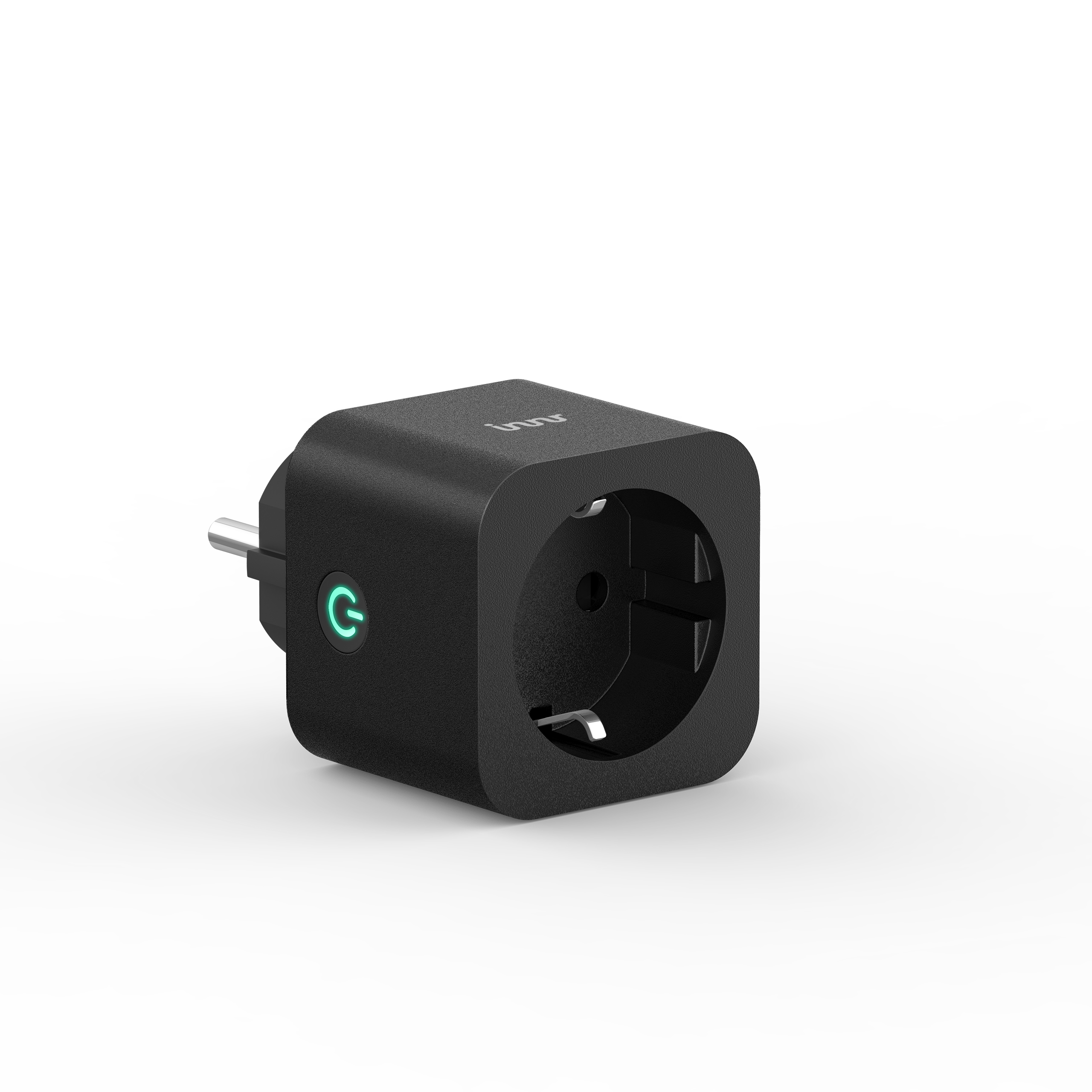 A black power adapter with a green power button. It has a plug on one side and a socket on the other. 