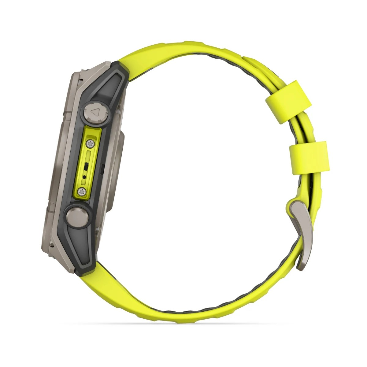 Widok z boku smartwatcha z szarą obudową i jaskrawożółtym paskiem. Widoczne przyciski i szczegóły.