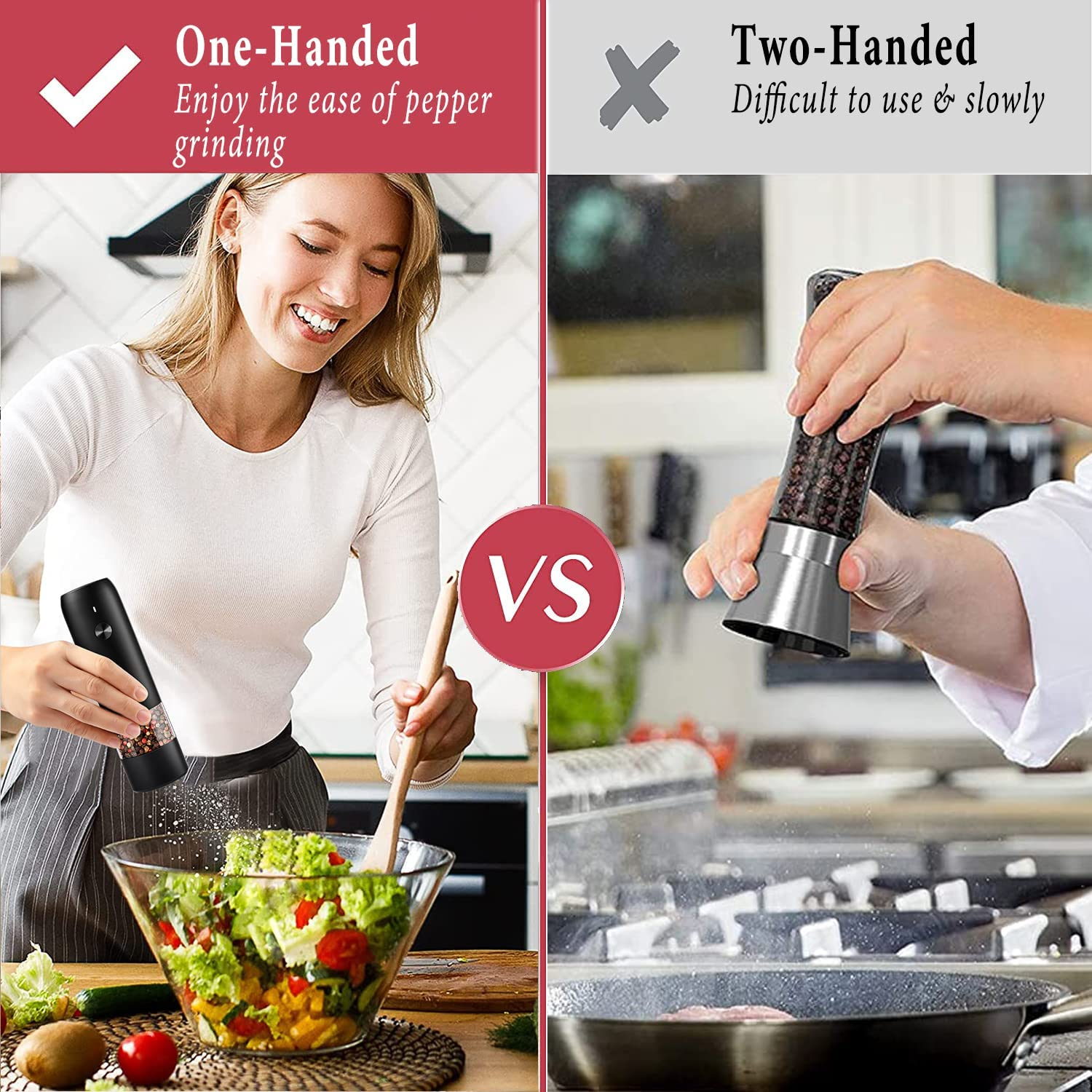 Das Bild zeigt das einhändige Mahlen von Pfeffer vs. das zweihändige. Einhändig zeigt eine lächelnde Frau, die Pfeffer in einen Salat mahlt.