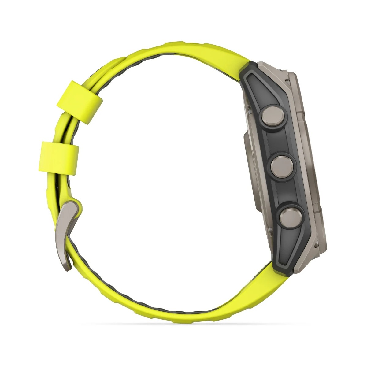 Widok z boku smartwatcha z żółtym paskiem i szarą i czarną tarczą. Pasek jest połączony z obudową zegarka.