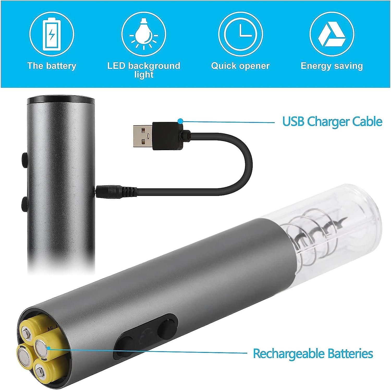 Ein elektrischer Weinöffner mit Akkus, einem USB-Ladekabel und Symbolen für Batterie, Licht, Öffner und Energiesparen.