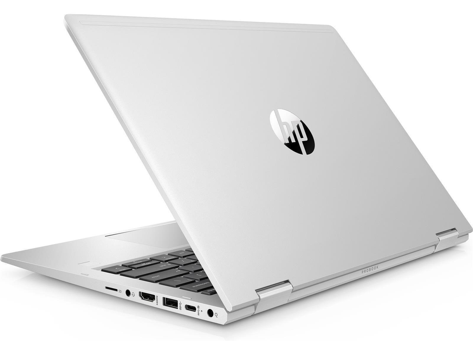 Ein silbernes HP ProBook-Laptop ist teilweise geöffnet und zeigt die Tastatur und das HP-Logo. Der Hintergrund ist weiß.
