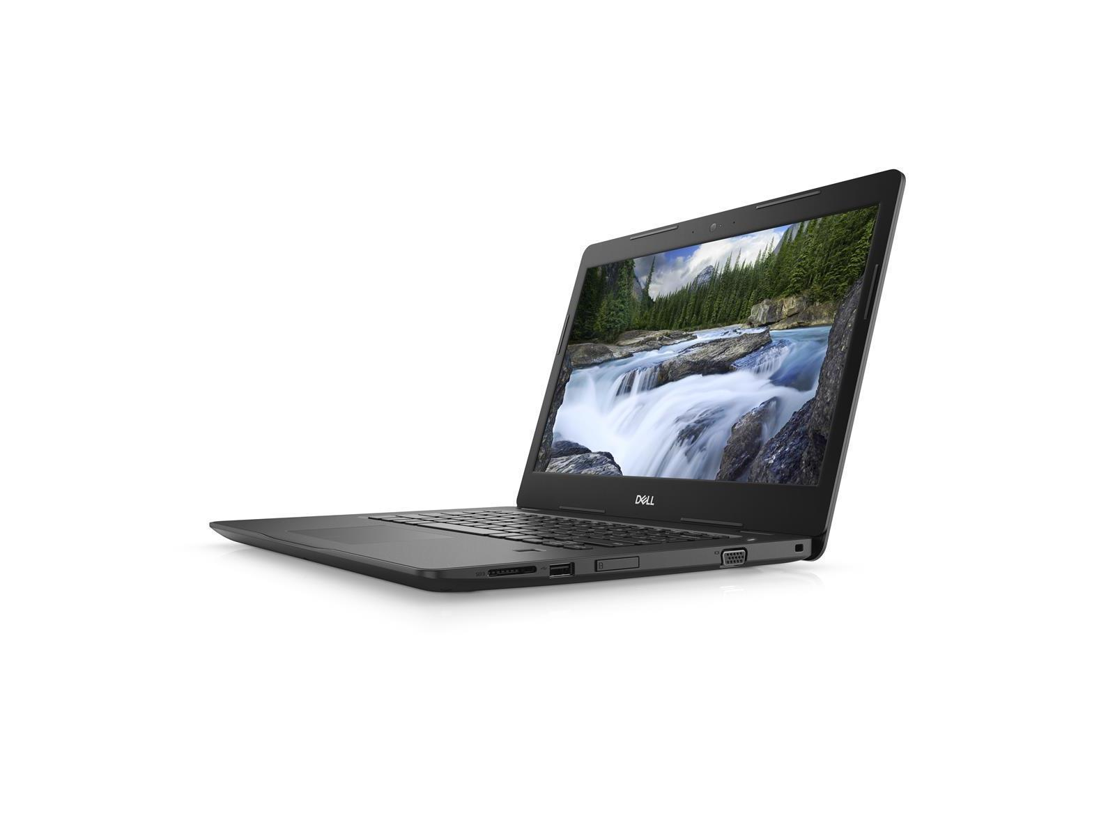 Ein schwarzer Dell-Laptop ist leicht geöffnet. Der Bildschirm zeigt eine Wasserfallszene. Der Hintergrund ist weiß.