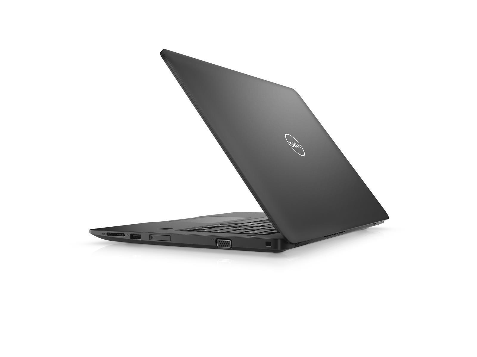 Ein schwarzer Dell-Laptop ist geöffnet und auf einer weißen Oberfläche angewinkelt. Das Dell-Logo ist sichtbar.