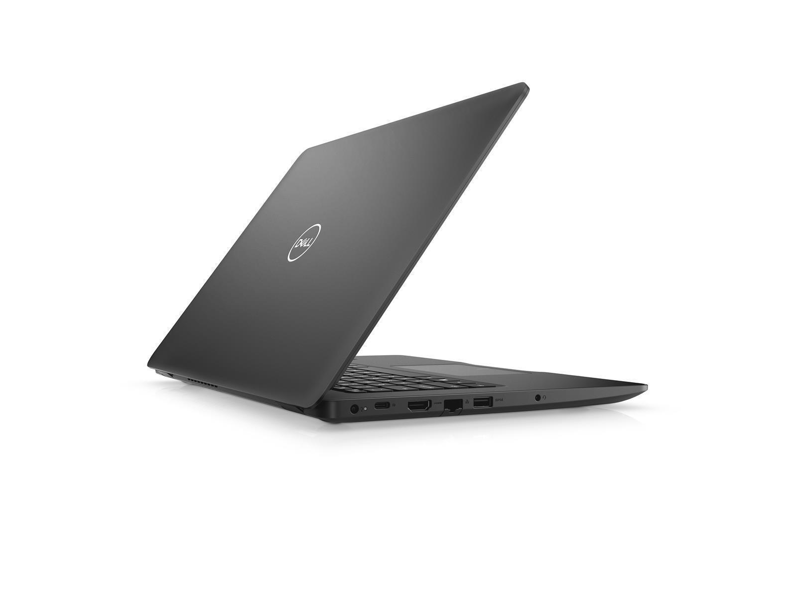 Ein dunkelgrauer Dell-Laptop ist geöffnet und nach rechts abgewinkelt. Das Dell-Logo ist sichtbar. Anschlüsse befinden sich auf der linken Seite.