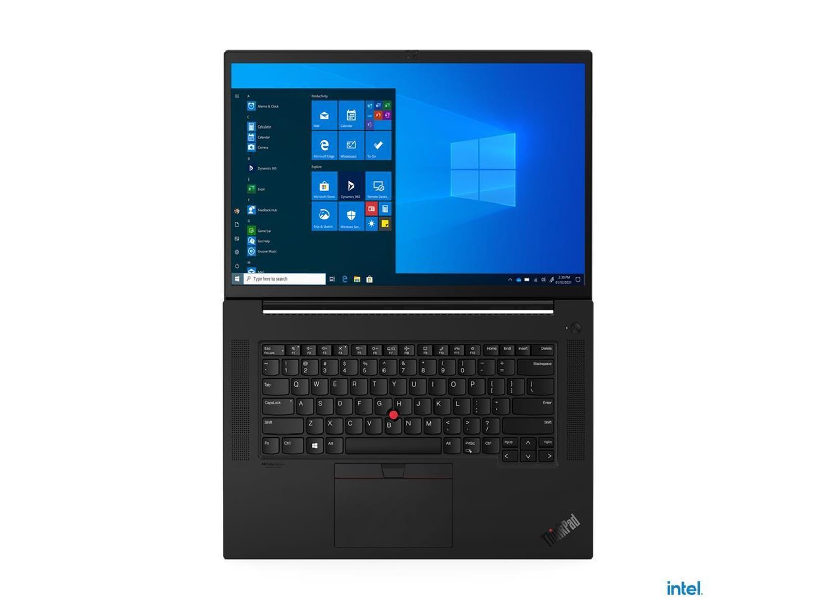 Schwarzer ThinkPad-Laptop, geöffnet, zeigt Windows-Desktop mit Symbolen. Tastatur sichtbar, Intel-Logo unten rechts.