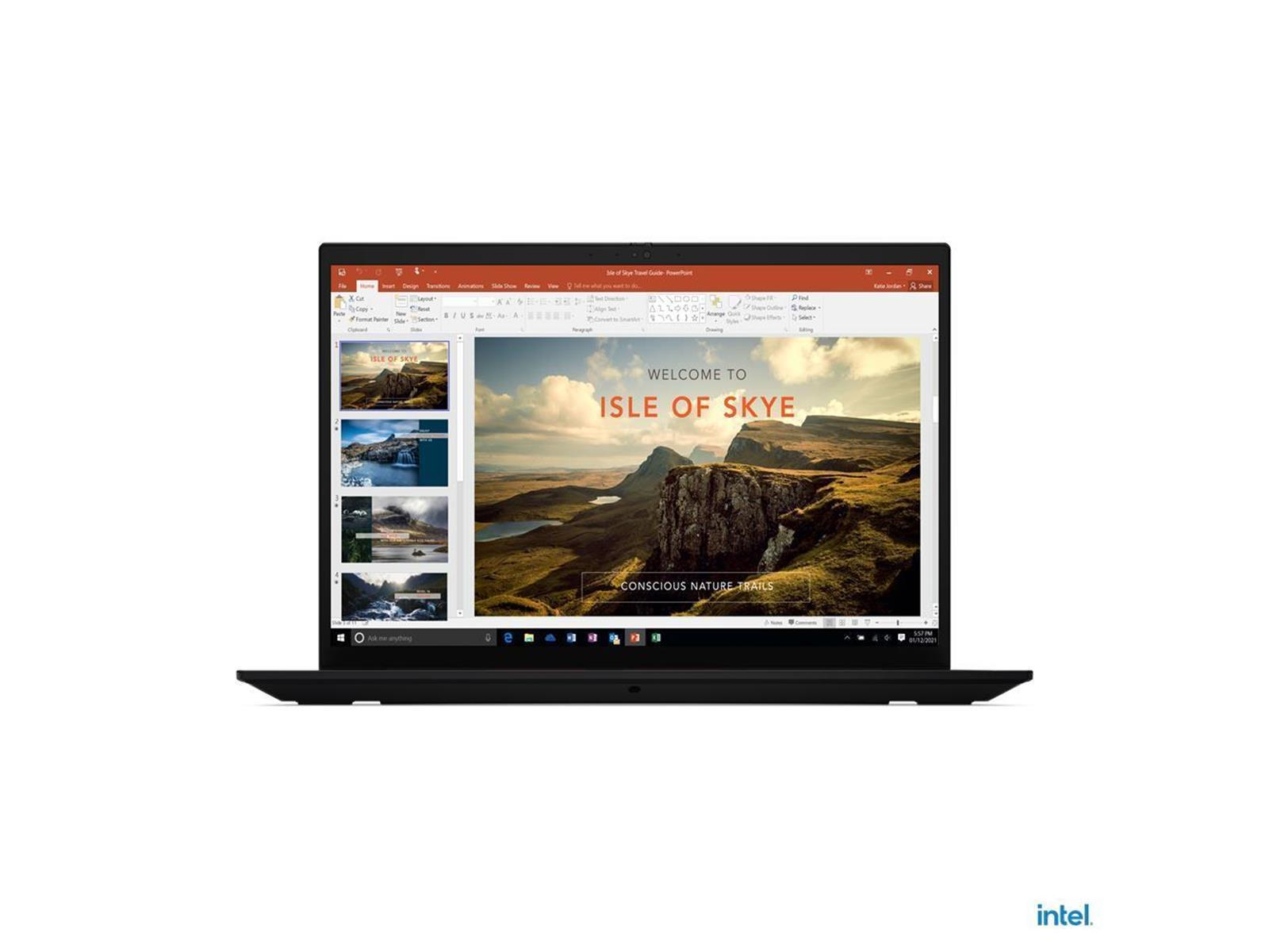 Ein Laptop zeigt eine PowerPoint-Präsentation mit dem Titel Welcome to Isle of Skye. Der Bildschirm zeigt ein Landschaftsfoto.
