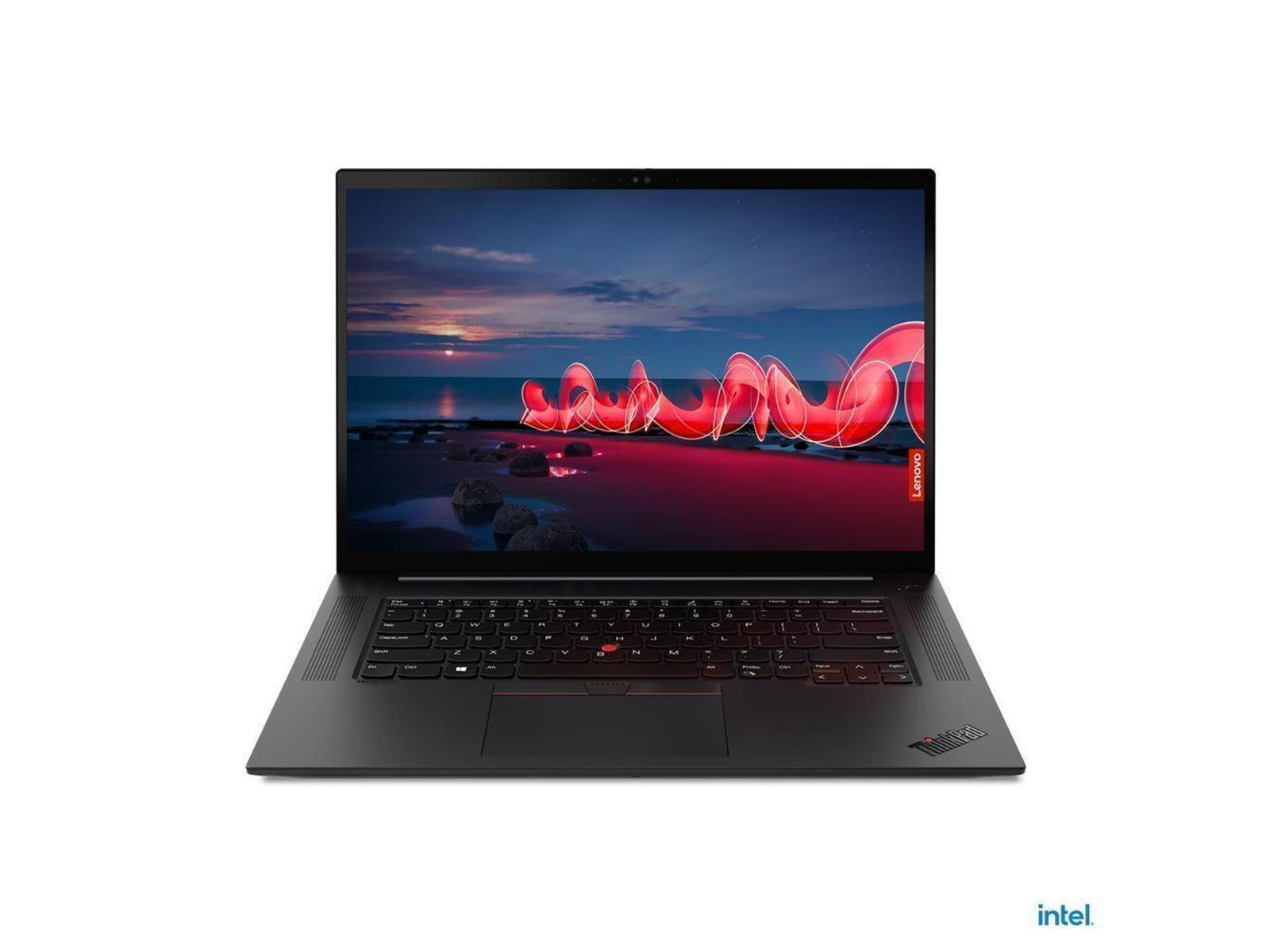 Schwarzer Lenovo ThinkPad Laptop. Bildschirm zeigt eine Strandszene mit roten Lichtspuren. Intel-Logo unten.